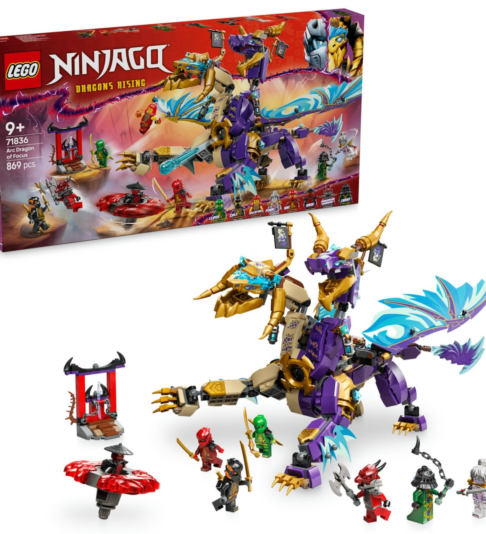 A LEGO NINJAGO Fókusz Sárkány (71836) egy epikus készlet, amely tartalmaz egy hatalmas, mozgatható sárkányt, egy Spinjitzu pörgettyűt és nyolc minifigurát. A szett a Ninjago: A Sárkányok felemelkedése 3. évadának izgalmait idézi meg.