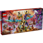 A LEGO NINJAGO Fókusz Sárkány (71836) hátoldali dobozképe részletesen bemutatja a készlet funkcióit. A hatalmas, arany és lila színű, mozgatható sárkány szárnyai lenyűgöző mintázatot kaptak, és egy gombnyomással mozgathatók. A készletben egy Spinjitzu pörgettyű, egy harci szentély és nyolc ikonikus NINJAGO minifigura található, köztük Lloyd, Kai, Pixal és veszélyes ellenfeleik.