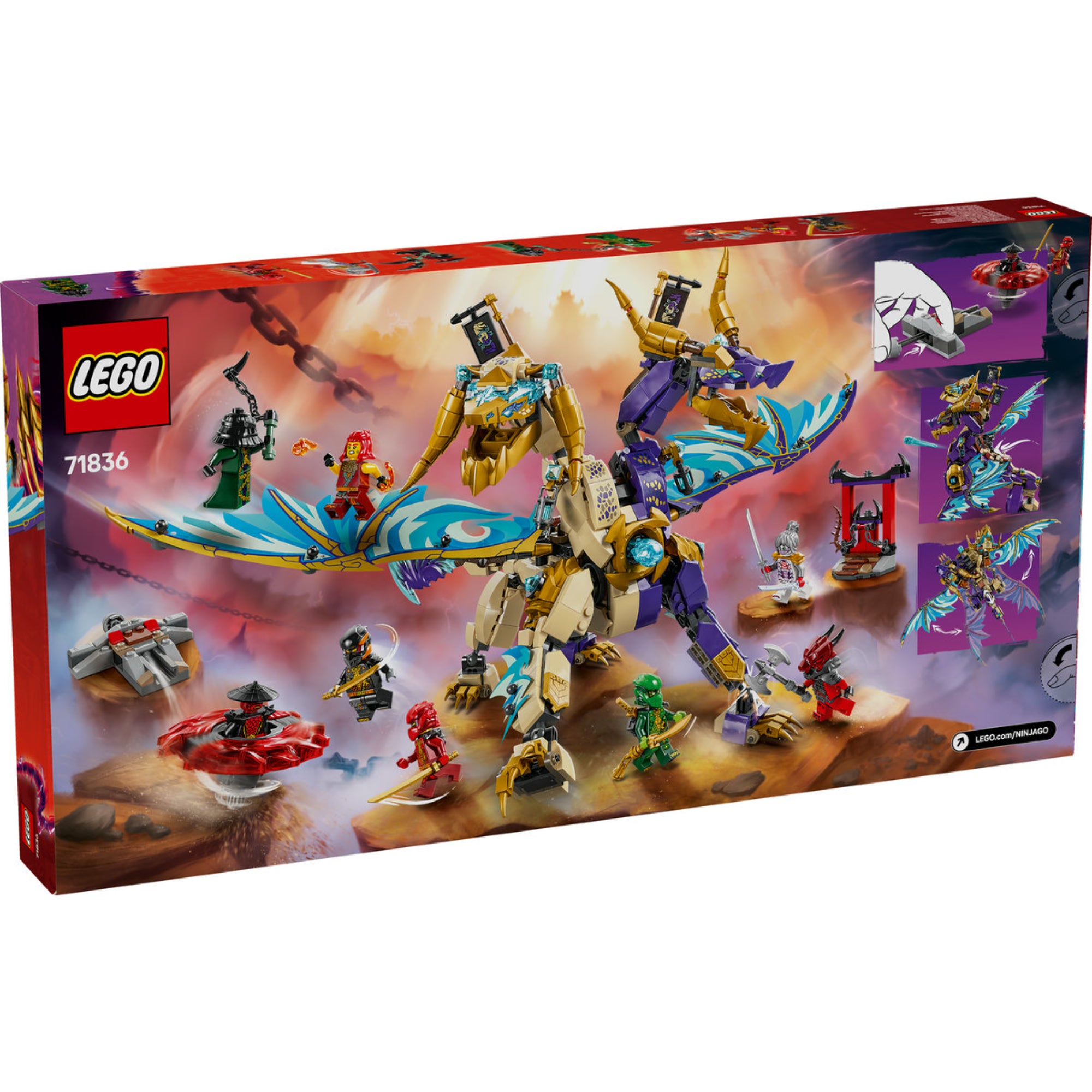 A LEGO NINJAGO Fókusz Sárkány (71836) hátoldali dobozképe részletesen bemutatja a készlet funkcióit. A hatalmas, arany és lila színű, mozgatható sárkány szárnyai lenyűgöző mintázatot kaptak, és egy gombnyomással mozgathatók. A készletben egy Spinjitzu pörgettyű, egy harci szentély és nyolc ikonikus NINJAGO minifigura található, köztük Lloyd, Kai, Pixal és veszélyes ellenfeleik.