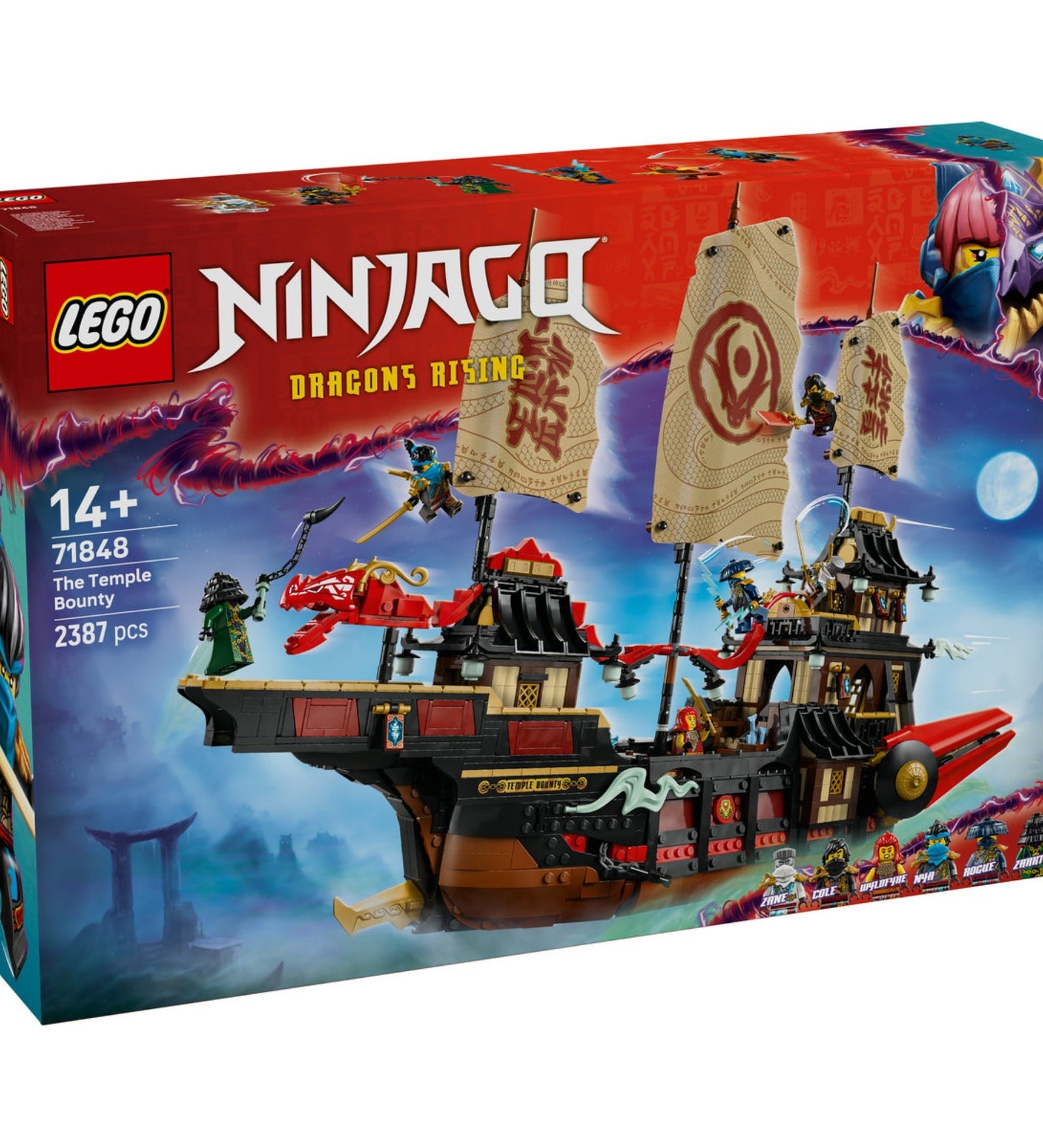 LEGO NINJAGO The Temple Bounty (71848) dobozkép előlnézet – A díszdobozon a hatalmas hajó és a mellékelt nindzsa karakterek akcióban.