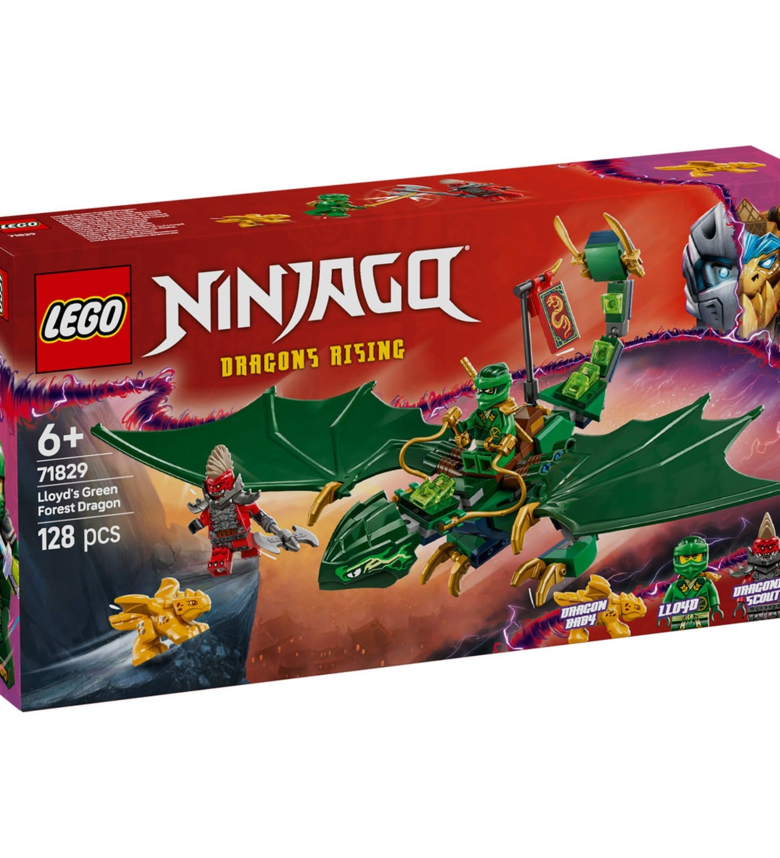 LEGO Ninjago Lloyd Zöld Erdei Sárkánya 71829 dobozkép, amely bemutatja a hajlítható sárkányt, Lloyd és Dragoniai Őr minifigurákat, valamint az Aranysárkány babát.
