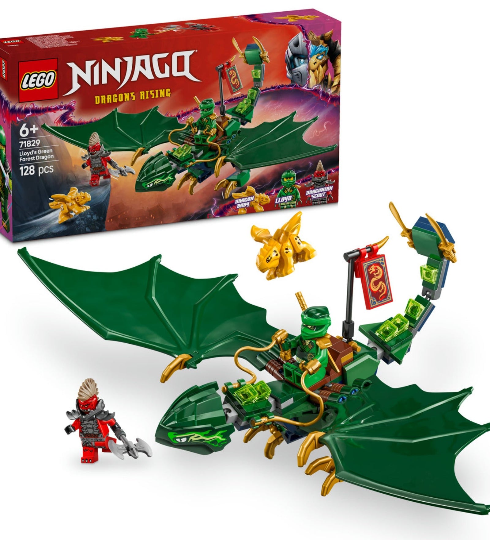 loyd Zöld Erdei Sárkánya LEGO Ninjago 71829 készlet, amely Lloydot és a zöld sárkányát ábrázolja harci pózban, aranysárkány bébivel és egy ellenséges minifigurával.