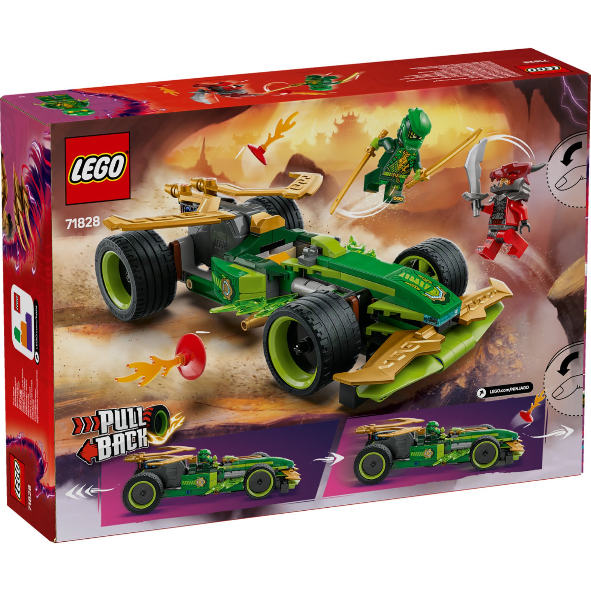 A LEGO NINJAGO Lloyd húzható versenyautójának 71828 hátoldali csomagolása, amelyen a versenyautó részletei, mozgásfunkciói és a mellékelt minifigurák akcióban láthatók.