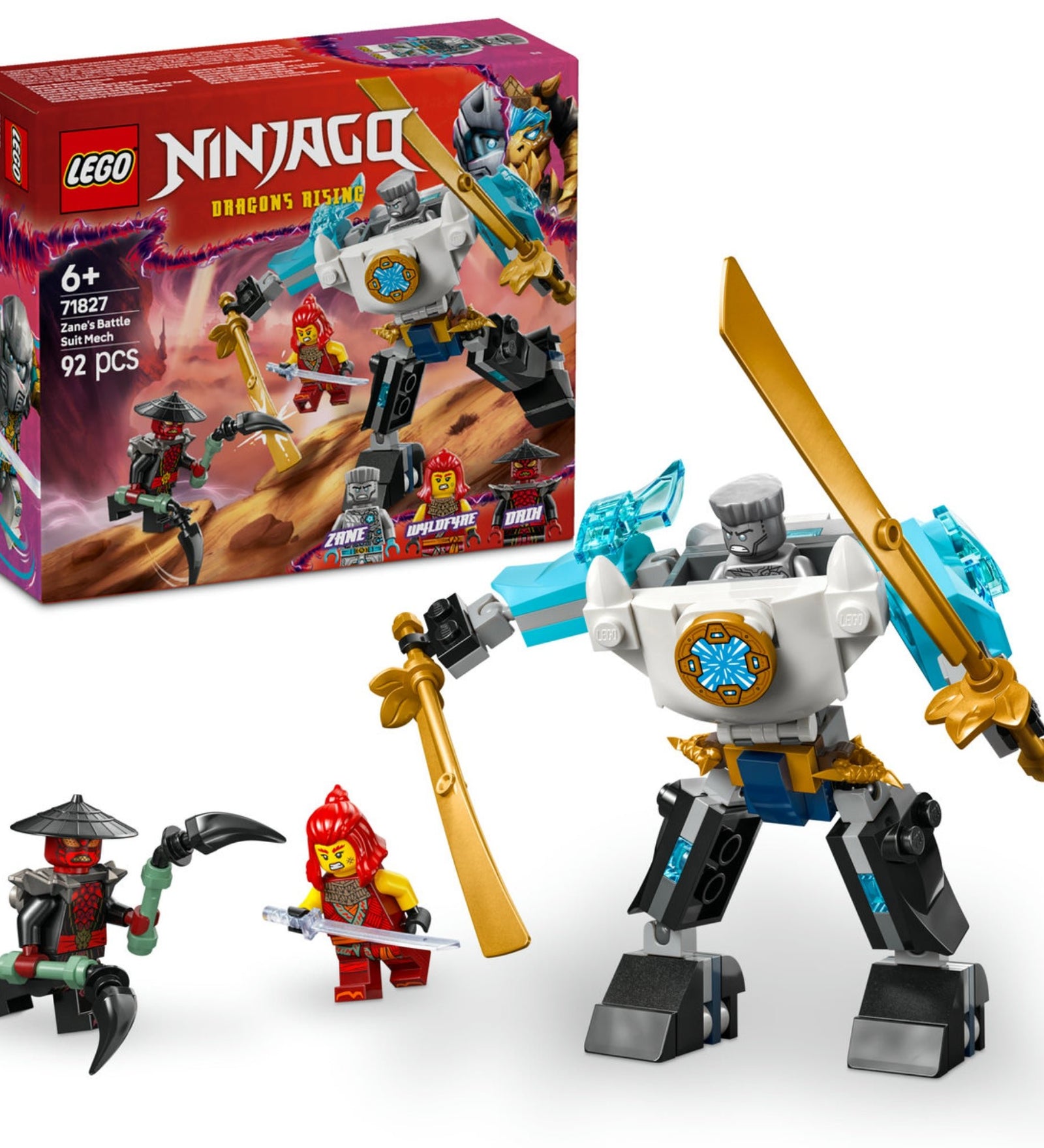 A LEGO NINJAGO Zane harci robotruhája 71827 szett, amely Zane robotjával, Wyldfyre és Drix minifigurákkal látható. Mindegyikük fegyverekkel és részletgazdag kiegészítőkkel van ellátva.