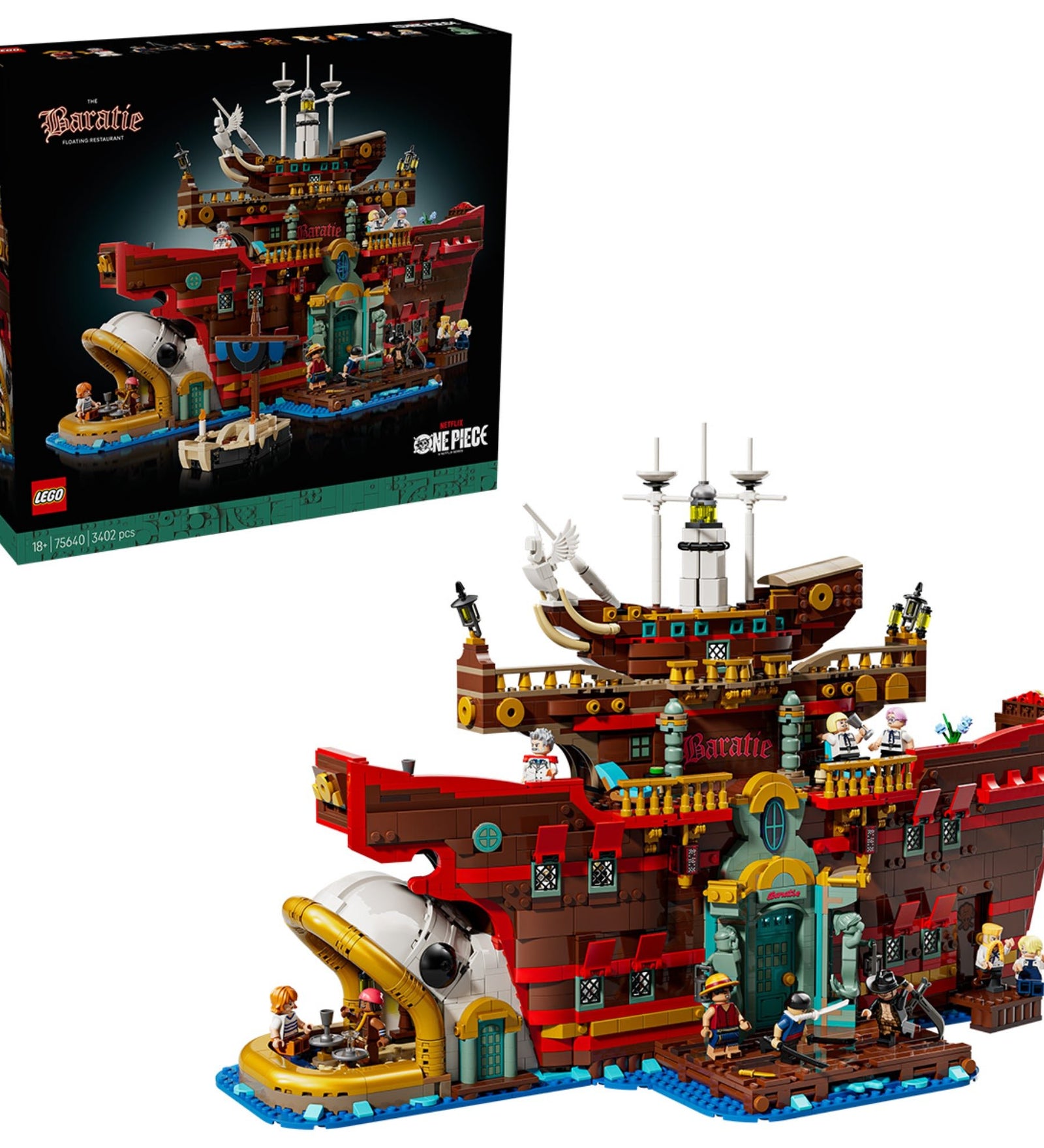 A LEGO One Piece: Baratie Floating Restaurant (75640) doboza és az összerakott úszó étterem, részletgazdag hajóformával, díszletekkel és minifigurákkal.