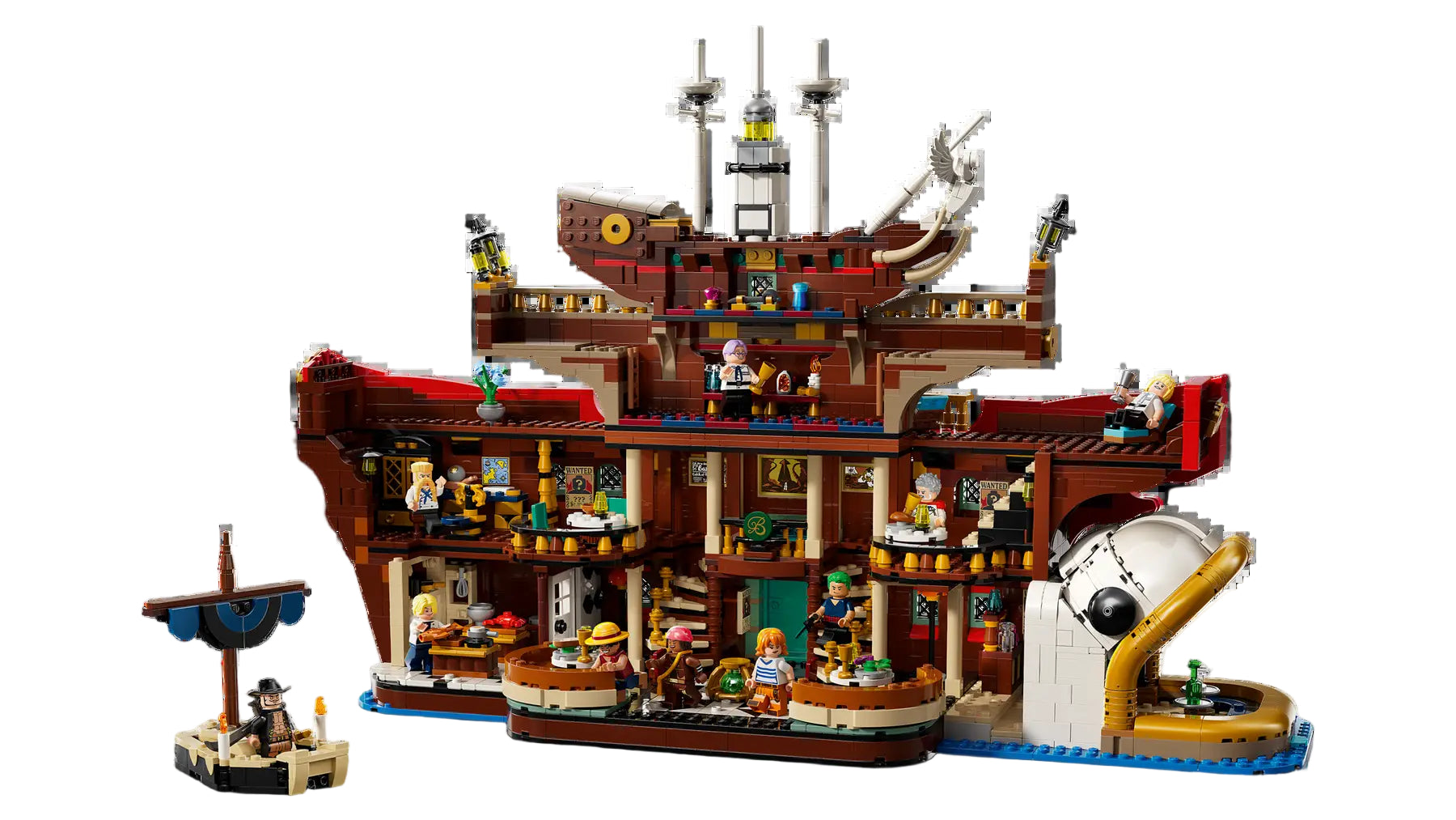 A LEGO One Piece: Baratie Floating Restaurant (75640) hajó belső nézete, részletes konyhával, éttermi asztalokkal, bárpulttal és ikonikus karakterekkel.