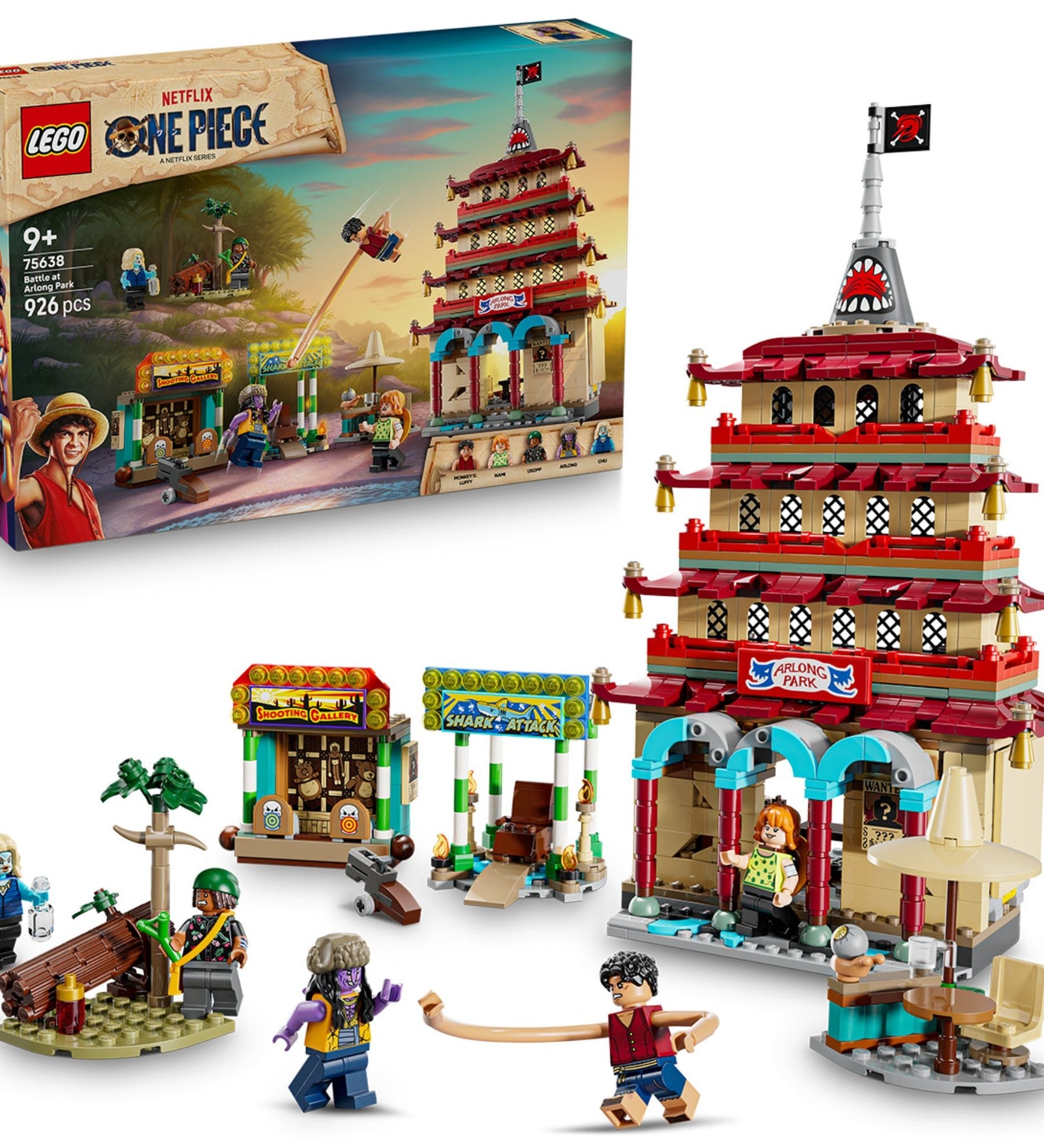 A LEGO One Piece: Battle at Arlong Park (75638) készlet összerakott változata a dobozzal – a pagodaszerű Arlong Park épület, mini játéksátrak és a minifigurák bemutatása.