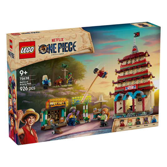 A LEGO One Piece: Battle at Arlong Park (75638) doboza, amelyen a tengerparti harci jelenet, az Arlong Park épülete és a főszereplők láthatók.