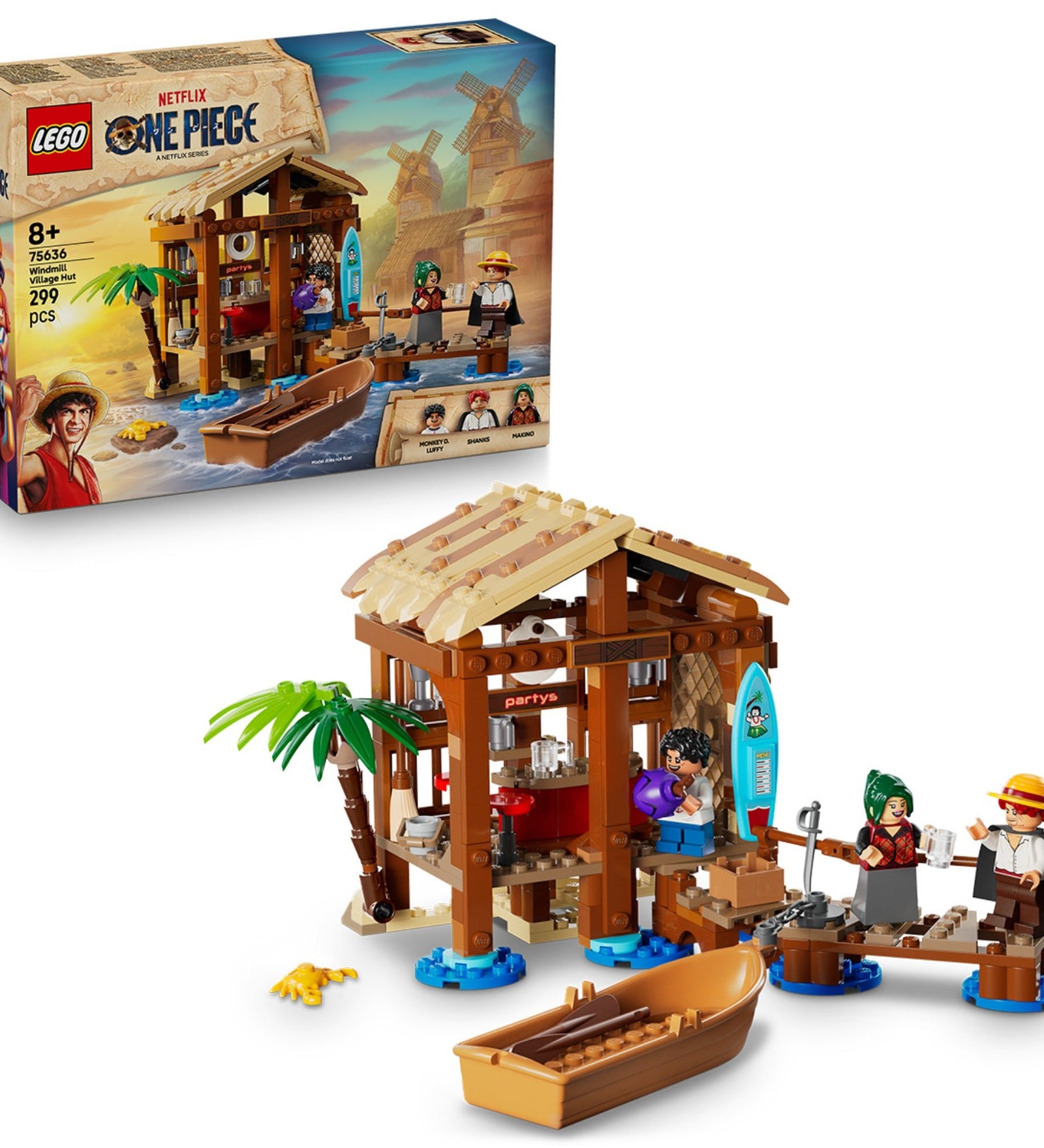 A LEGO One Piece: Windmill Village Hut (75636) doboza és az összerakott tengerparti kunyhó építmény Monkey D. Luffy, Shanks és Makino minifiguráival, csónakkal és pálmafával.