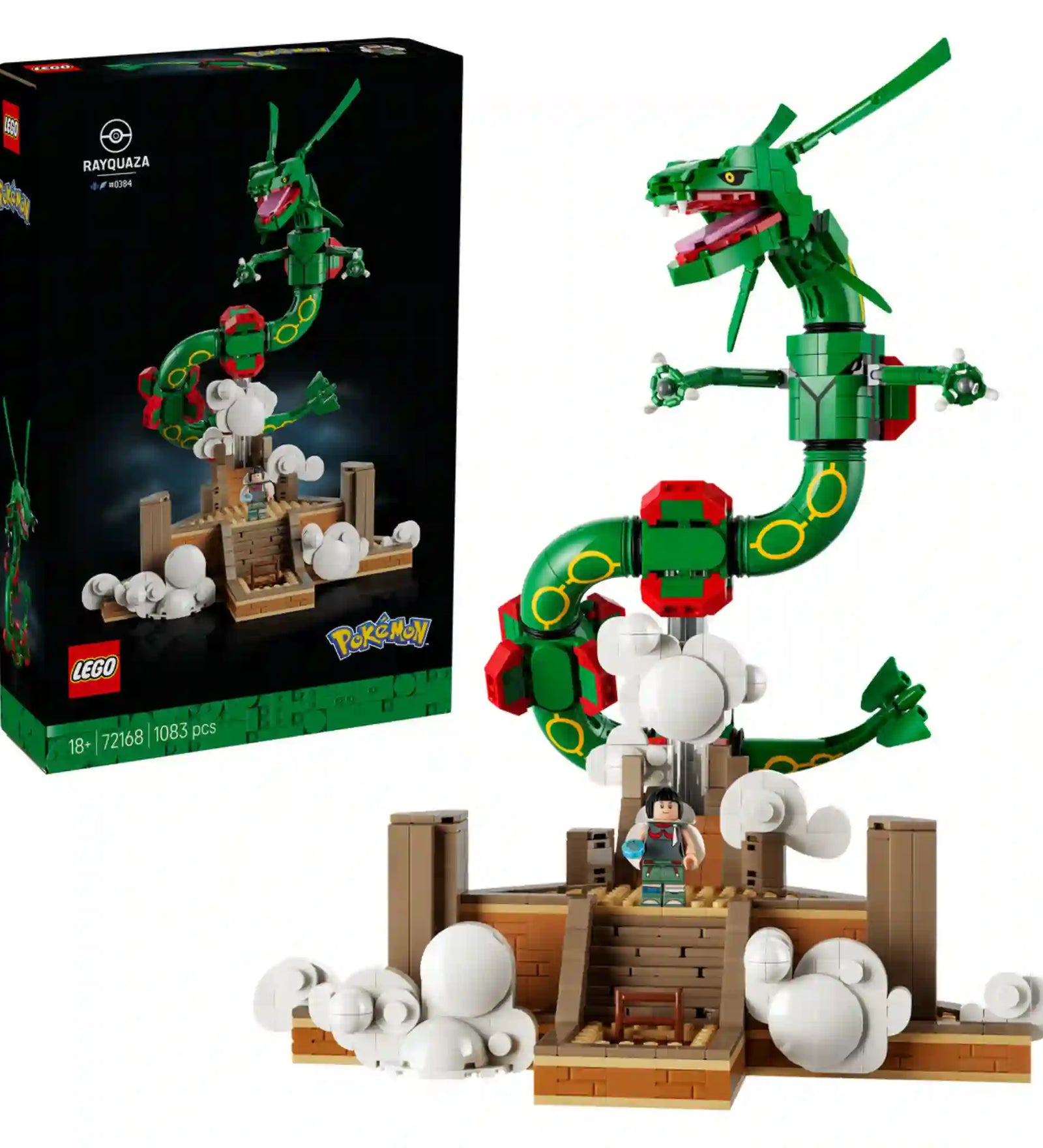 LEGO Pokémon: Rayquaza 72168 készlet doboza és az elkészült, hosszú zöld Rayquaza modell minifigurával.