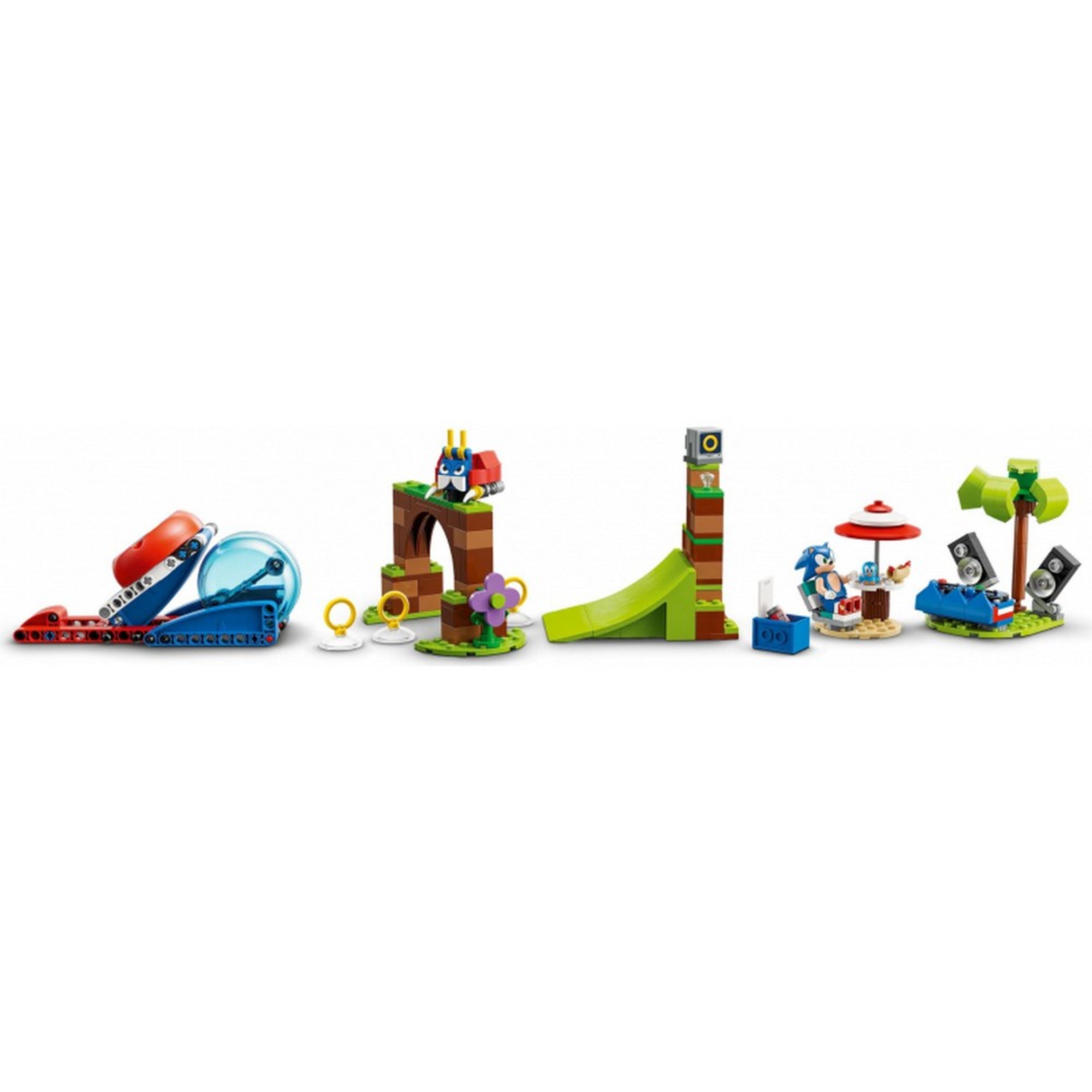 A képen a LEGO Sonic the Hedgehog – Sonic’s Speed Sphere Challenge (76990) készlet elemei egy sorban, játéktérként vannak elrendezve. 