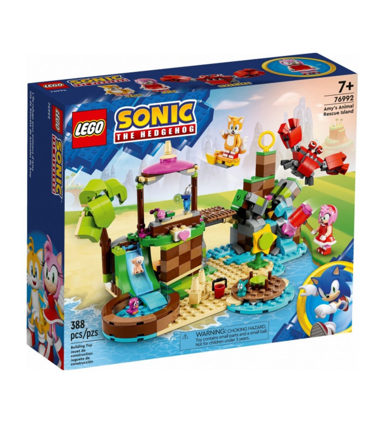 A LEGO Sonic the Hedgehog 76992 – Amy’s Animal Rescue Island készlet doboza, színes tengerparti jelenettel, Amy, Tails, kisállatok és ellenség karakterekkel.