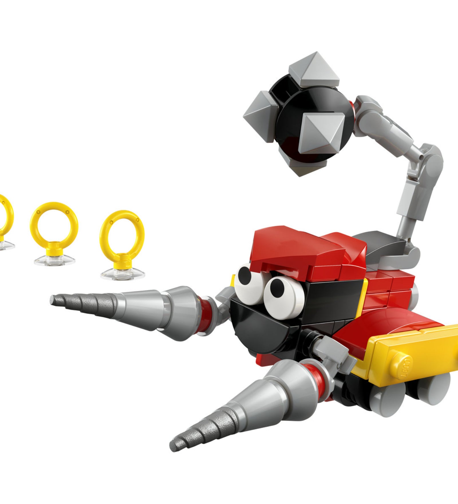 LEGO Sonic the Hedgehog Badnik: Skorp 30733 megépített Skorp robot ellenség fúrókarokkal és arany gyűrű elemekkel.