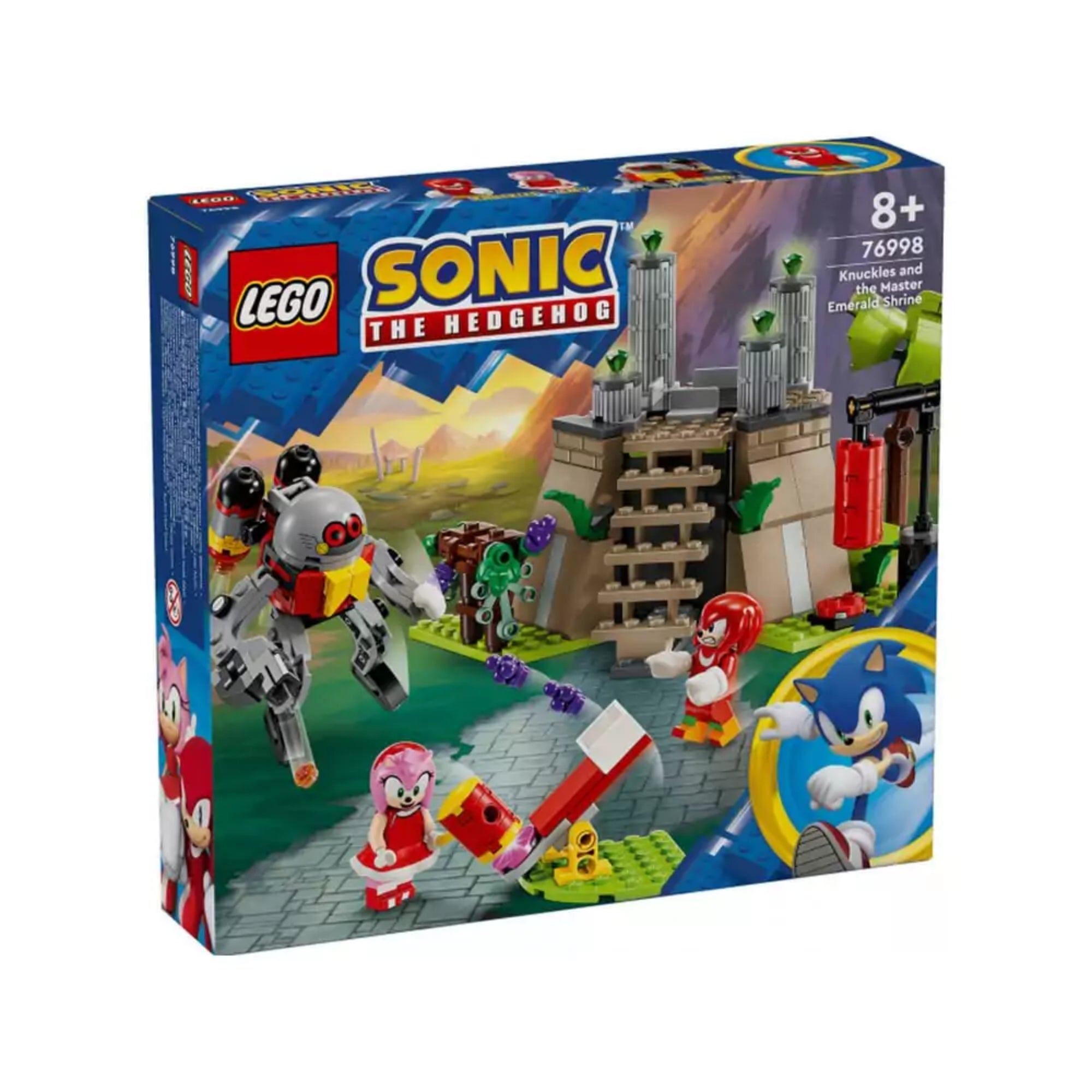 A LEGO 76998-as készlet doboza, amely a Knuckles és a Master Emerald szentély jelenetet ábrázolja, robotikus ellenséggel, Amy kalapáccsal és Knuckles karakterrel a főszerepben.