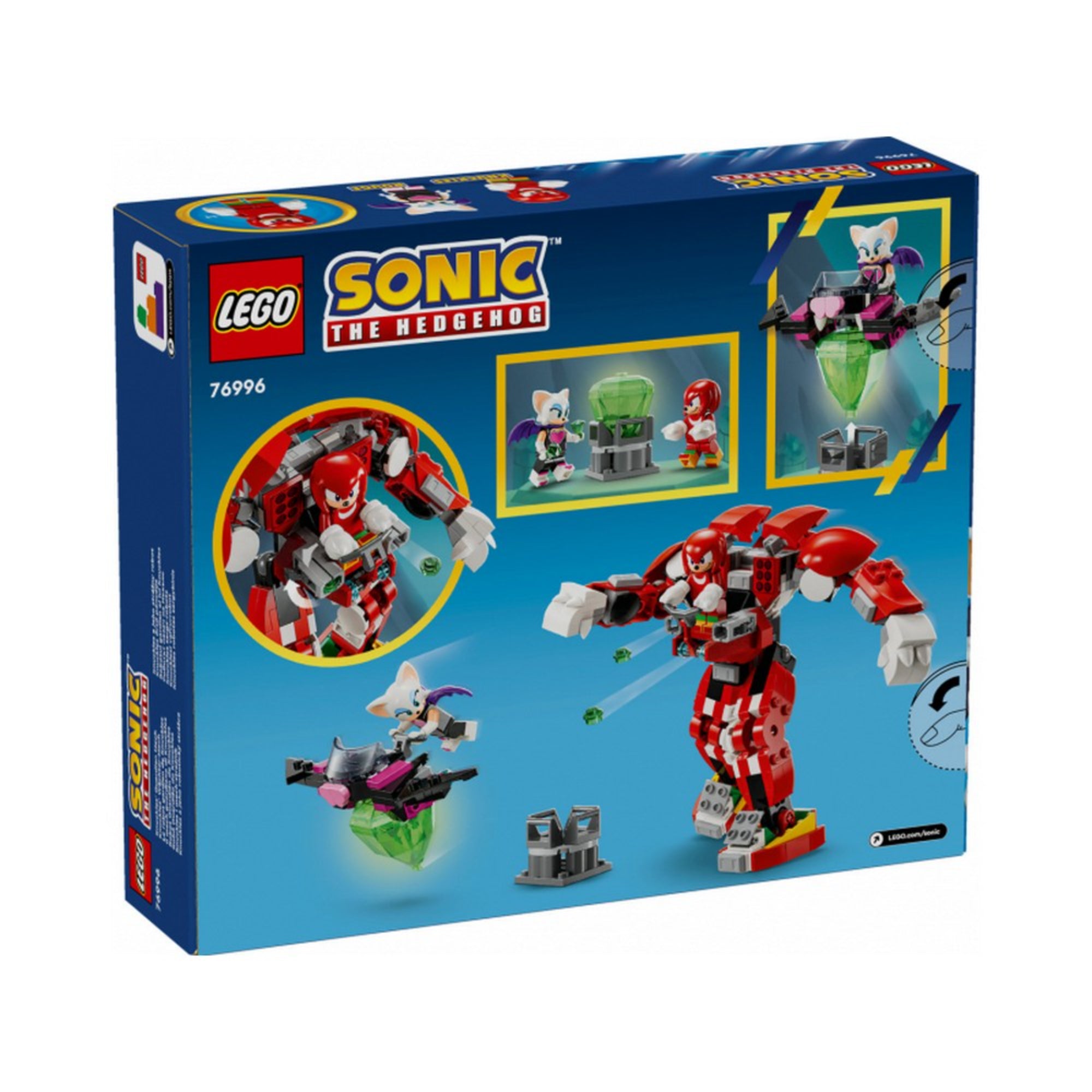 Ez a kép a LEGO Sonic the Hedgehog sorozat Knuckles’ Guardian Mech (76996) készletének hátoldalát mutatja be. A doboz hátulján részletes jelenetek és funkciók láthatók.
