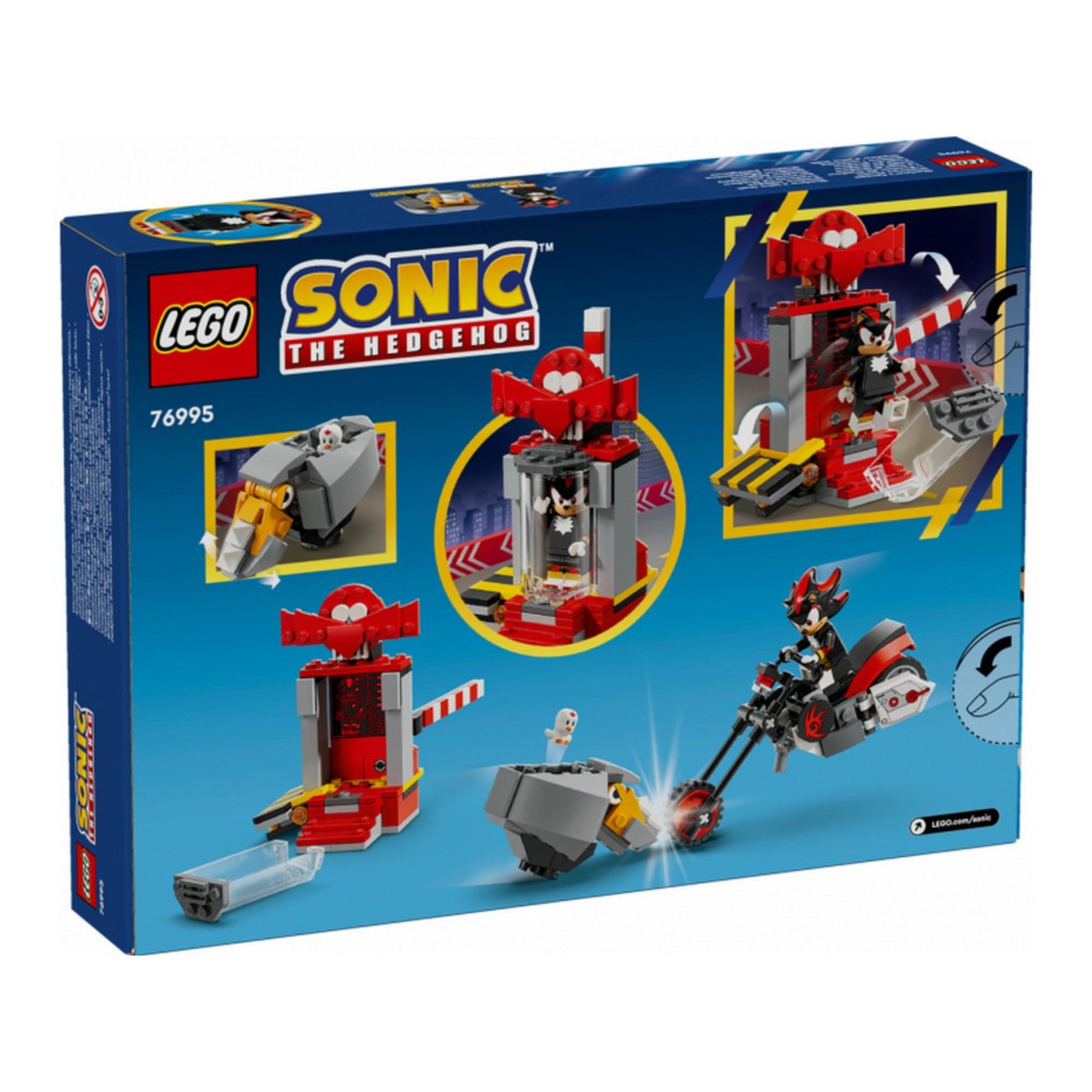 Ez a kép a LEGO Sonic the Hedgehog – Shadow's Escape (76995) szett hátlapját mutatja, ahol különböző játéklehetőségek és funkciók kerülnek bemutatásra.