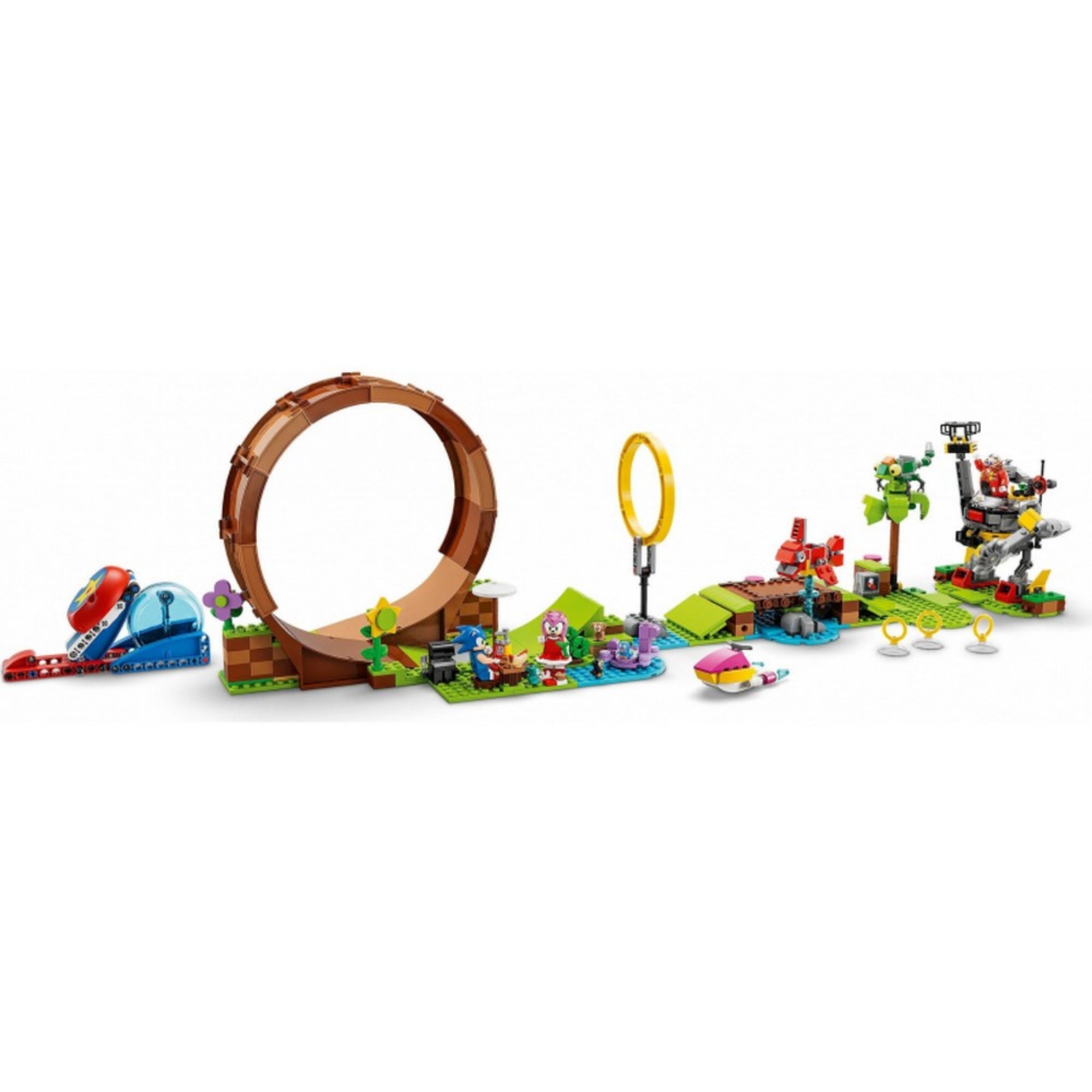 A LEGO 76994-es Sonic Green Hill Zone készlet teljes, kiterített állapotban, látható a barna hurok, Sonic és Amy minifigurák, valamint Dr. Eggman és több ellenfél is.