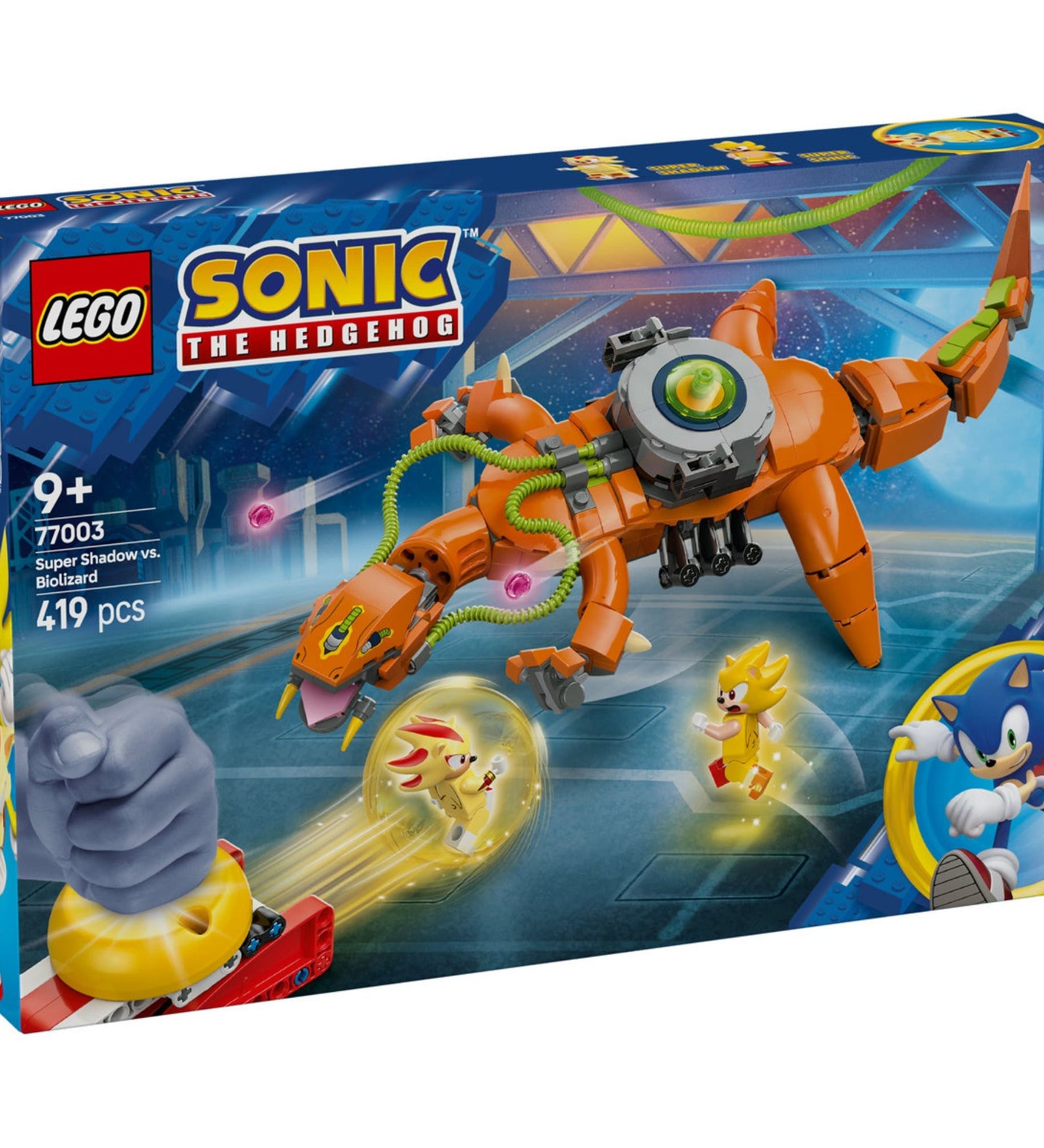 LEGO Sonic the Hedgehog: Super Shadow Biolizard ellen (77003) – a termék doboza elölnézetből, dinamikus illusztrációval.