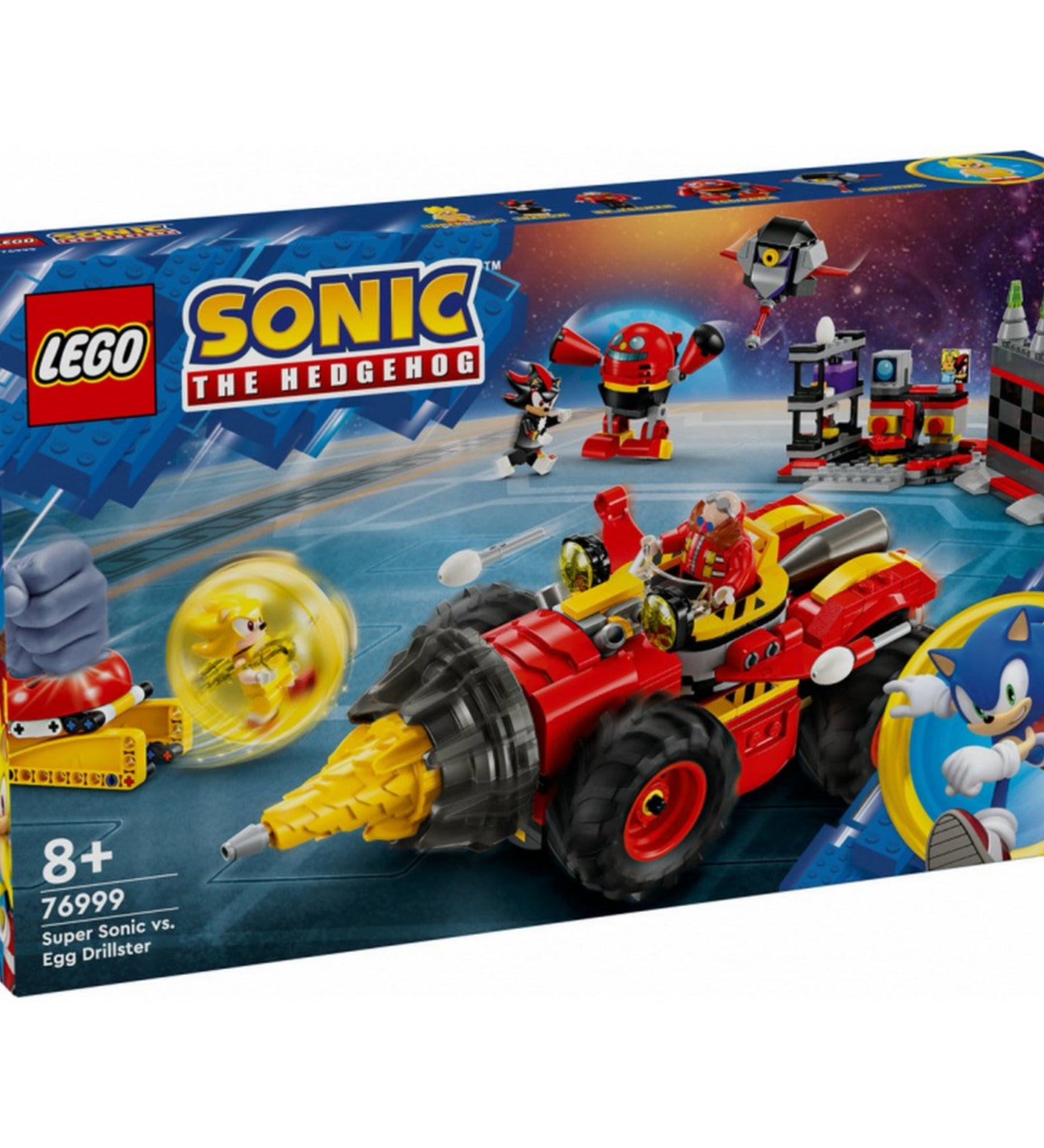 A LEGO 76999 készlet doboza elölről, színes grafikával és akciódús jelenettel, ahol Super Sonic harcol Eggman és robotjai ellen.