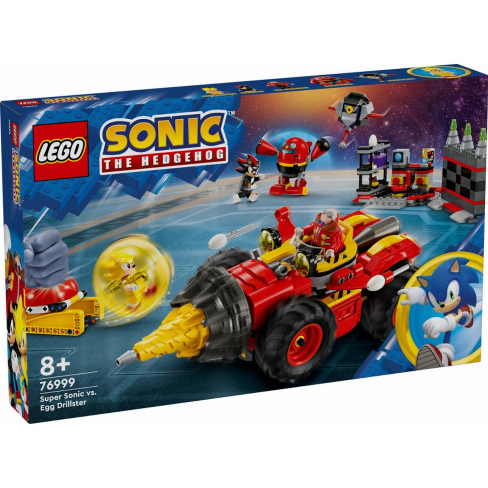 A LEGO 76999 készlet doboza elölről, színes grafikával és akciódús jelenettel, ahol Super Sonic harcol Eggman és robotjai ellen.