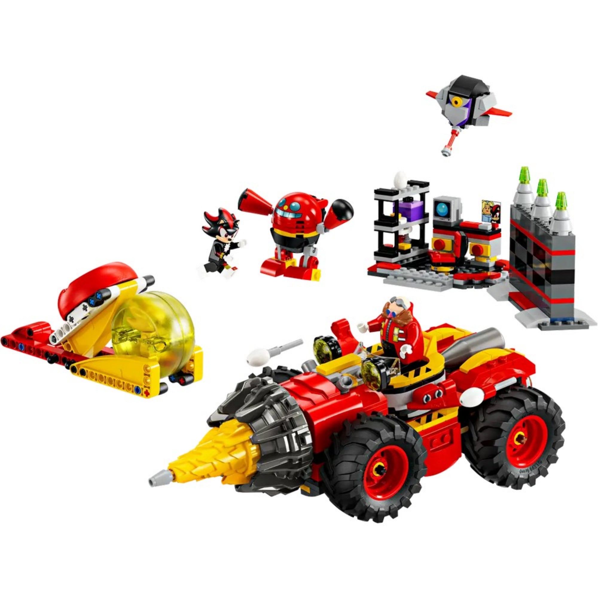 A LEGO Super Sonic vs. Egg Drillster szett minden eleme összerakva: fúrójármű, indítórámpa, ellenfelek és játékelemek egy izgalmas jelenetben elrendezve.