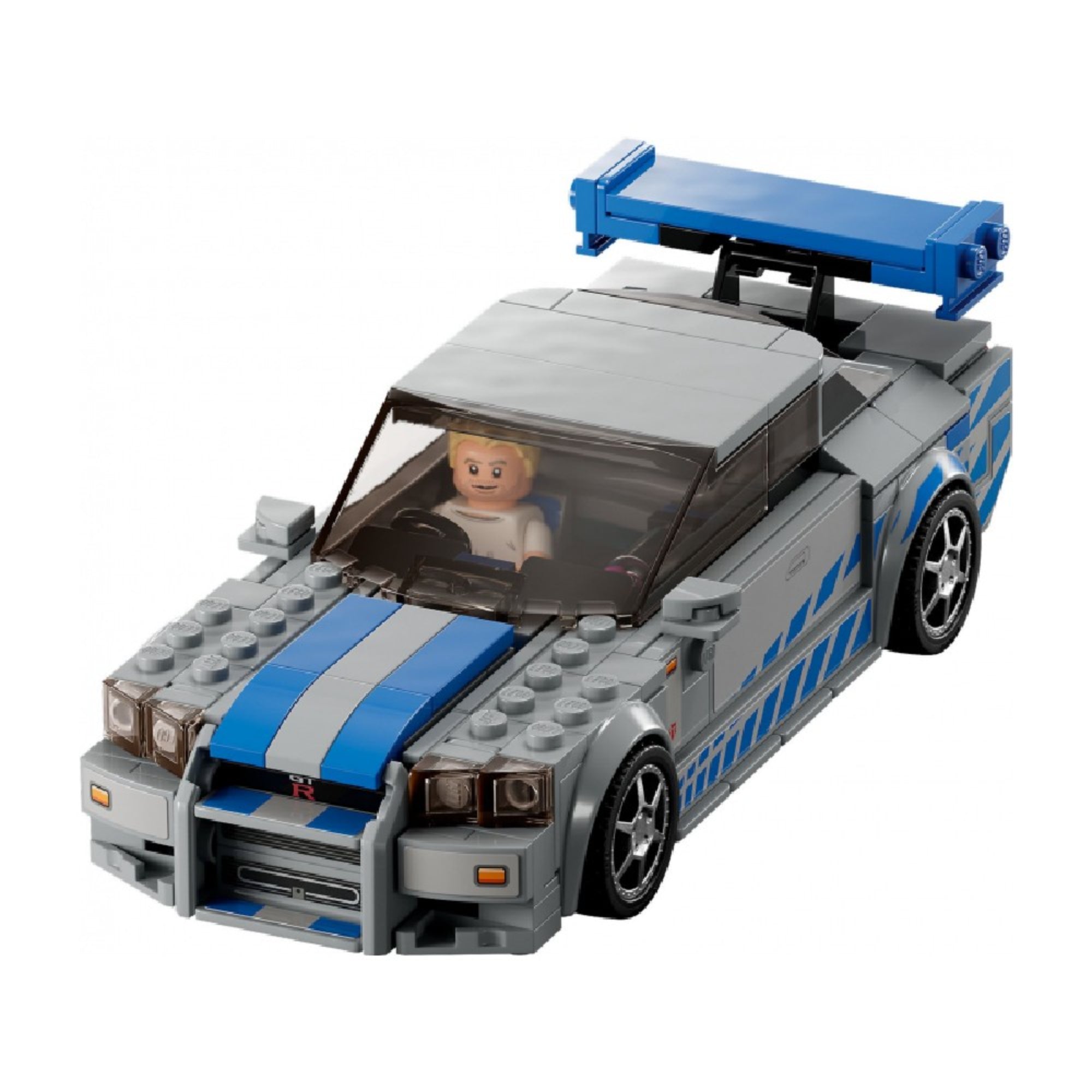 A LEGO 76917 modell felülnézeti képe, amely kiemeli a jármű sportos formáját, a kék-ezüst motorháztetőt és a nagy méretű hátsó spoilert.