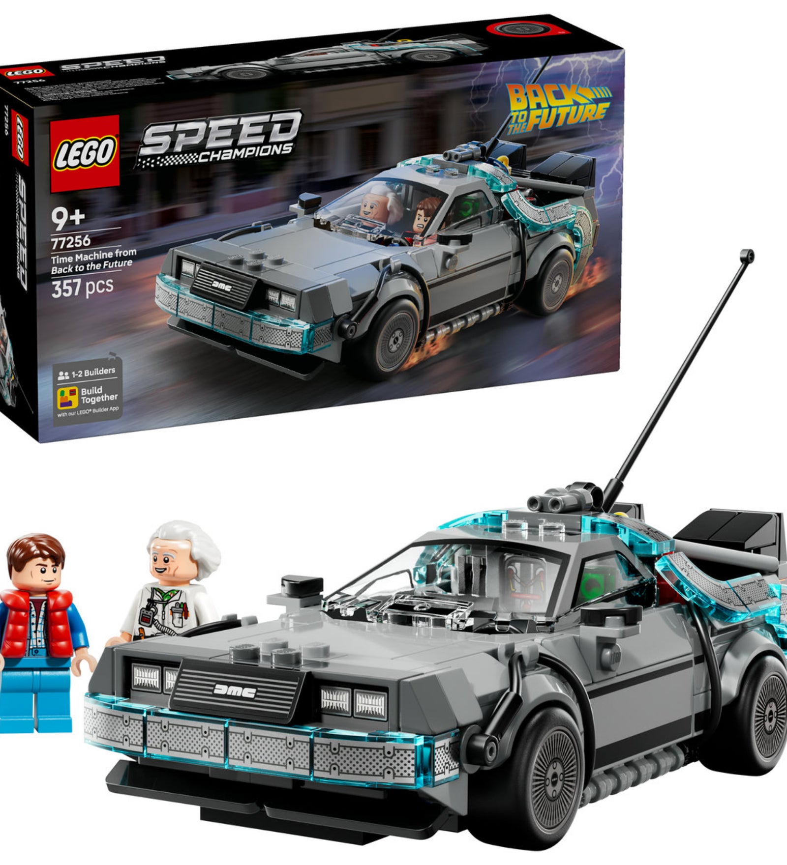 LEGO Speed Champions Vissza a jövőbe DeLorean időgép Marty McFly és Doc Brown minifigurákkal.