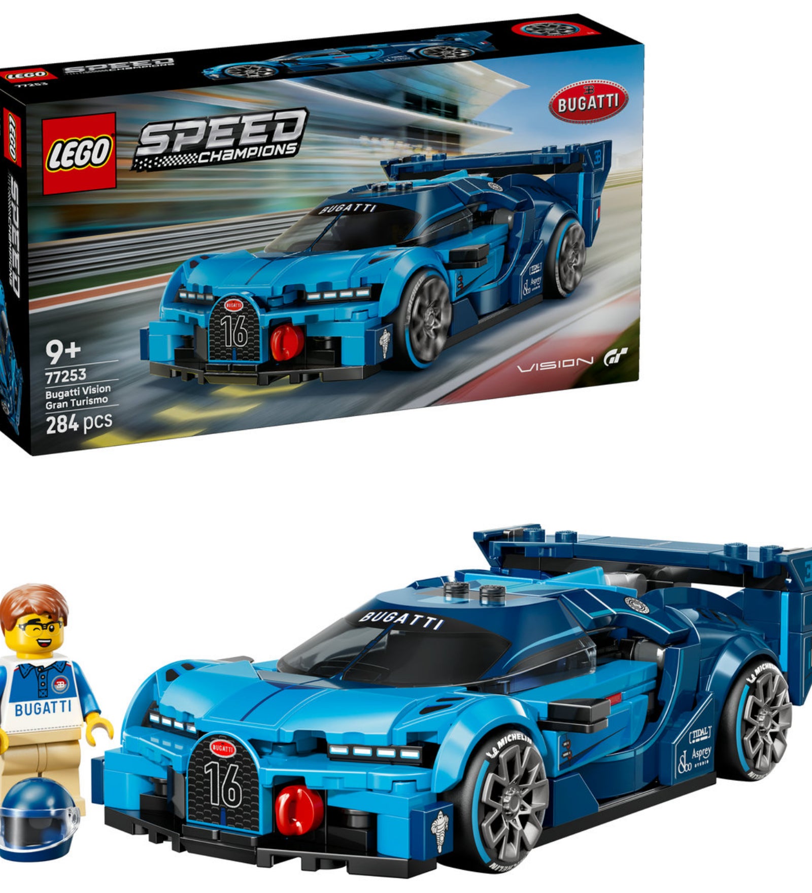 LEGO Speed Champions Bugatti Vision Gran Turismo (77253) megépített kék Bugatti versenyautó minifigurával és bukósisakkal.