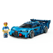 LEGO Speed Champions Bugatti Vision Gran Turismo megépített modell minifigurával és bukósisakkal.