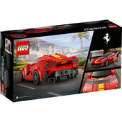 A LEGO Ferrari 812 Competizione (76914) készlet dobozának hátoldala, bemutatva az autó hátsó részletét, valamint két fotót az eredeti sportautóról és az épített LEGO verzióról.