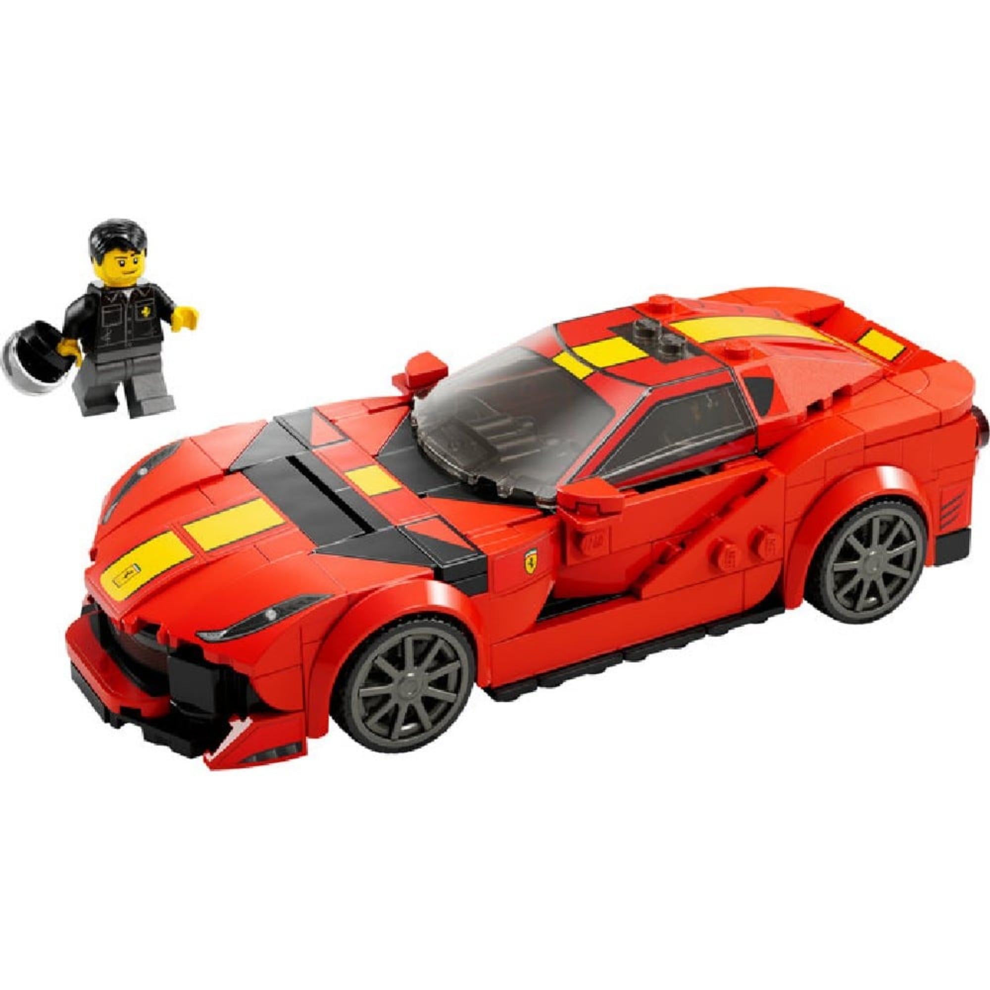 A teljes LEGO Ferrari 812 Competizione készlet: az összeállított autó és egy versenyző minifigura fekete ruhában és sisakkal.
