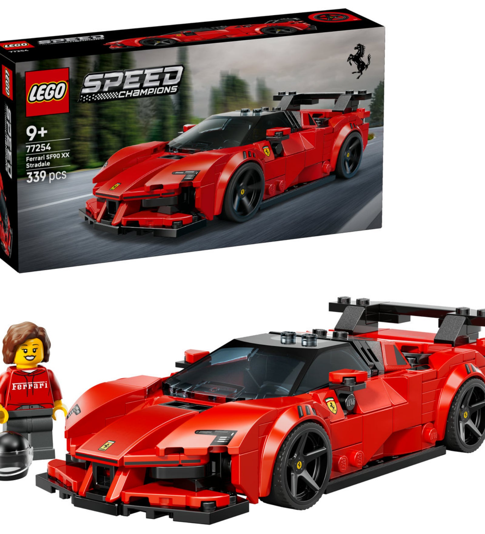 LEGO Speed Champions Ferrari SF90 XX Stradale megépített modell minifigurával és bukósisakkal.