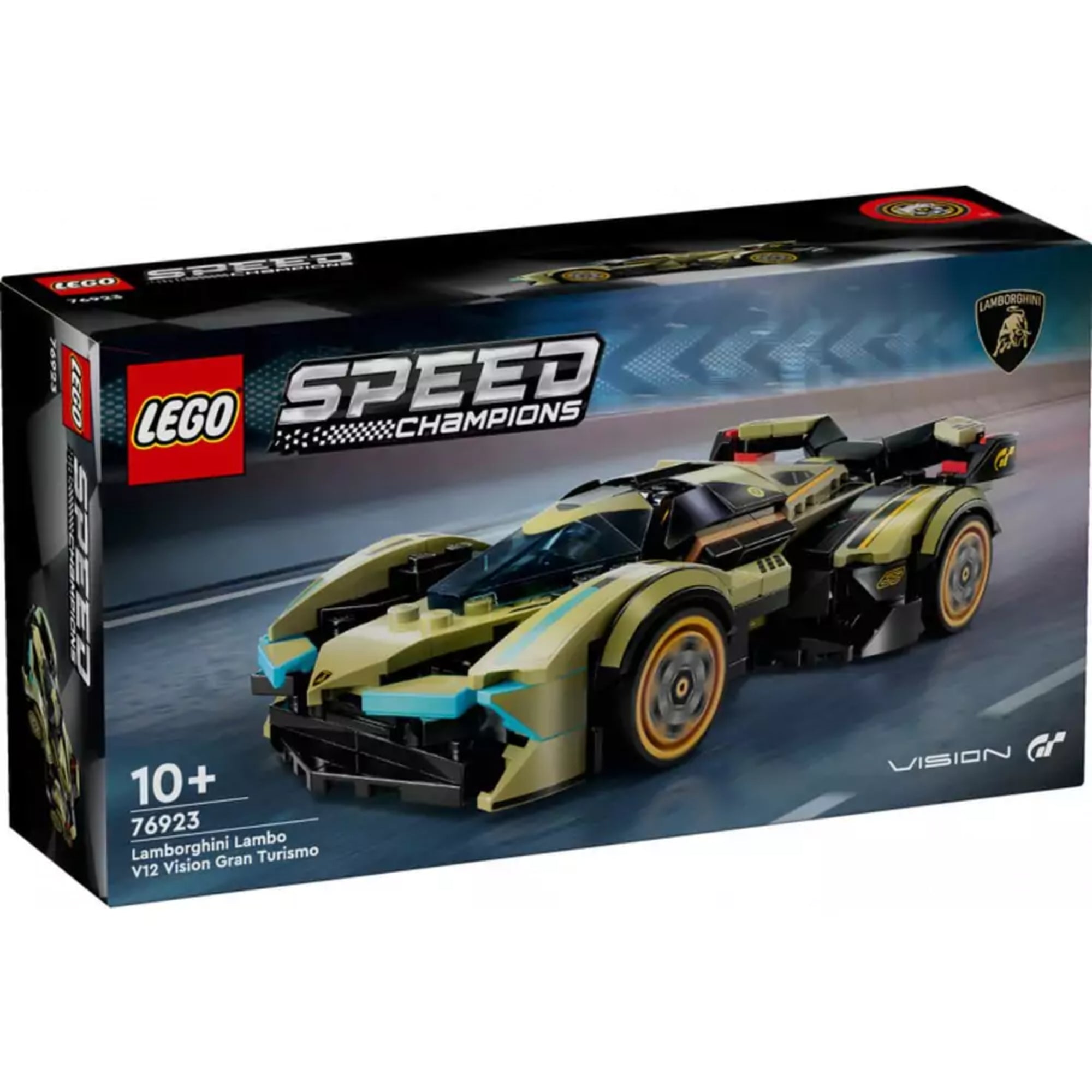 LEGO Speed Champions Lamborghini Lambo V12 Vision Gran Turismo (76923) készlet doboza, amelyen a futurisztikus, olívazöld versenyautó látható lendületes versenypályás háttér előtt, sárga és világoskék részletekkel kiemelve a jármű formáját.