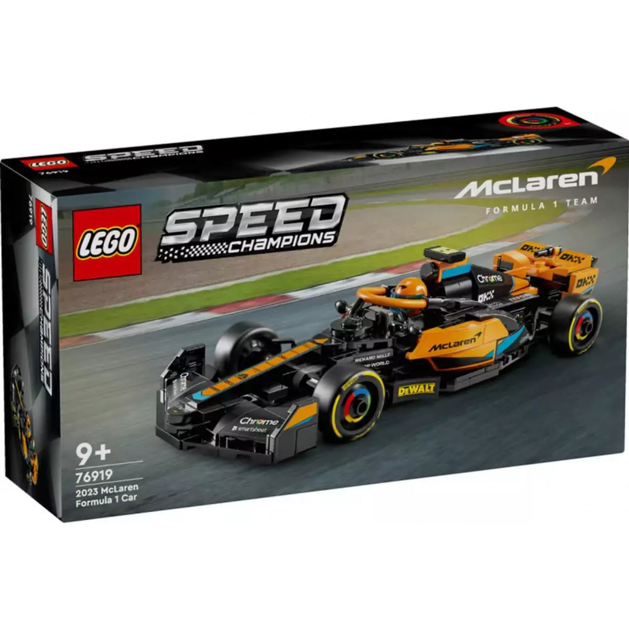 LEGO Speed Champions McLaren Formula 1-es versenyautó (76919) doboza, dinamikus pályás háttérrel, jól látható autómodell és 245 darabos készletmegjelöléssel.