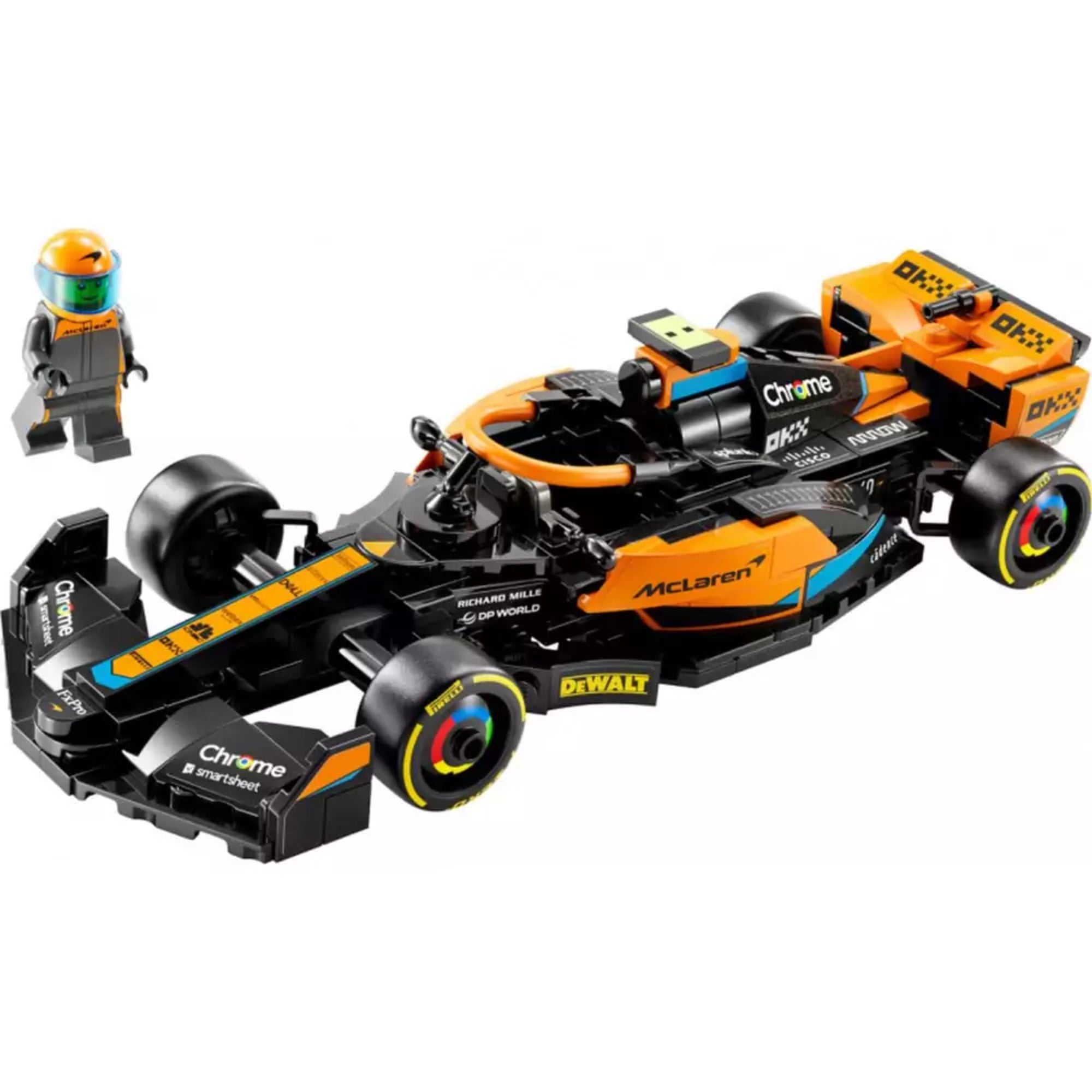 LEGO Speed Champions McLaren Formula 1-es versenyautó (76919) teljes készlet, fekete és narancssárga dizájnú, részletesen kidolgozott F1 autó versenyző minifigurával és versenygumikkal.