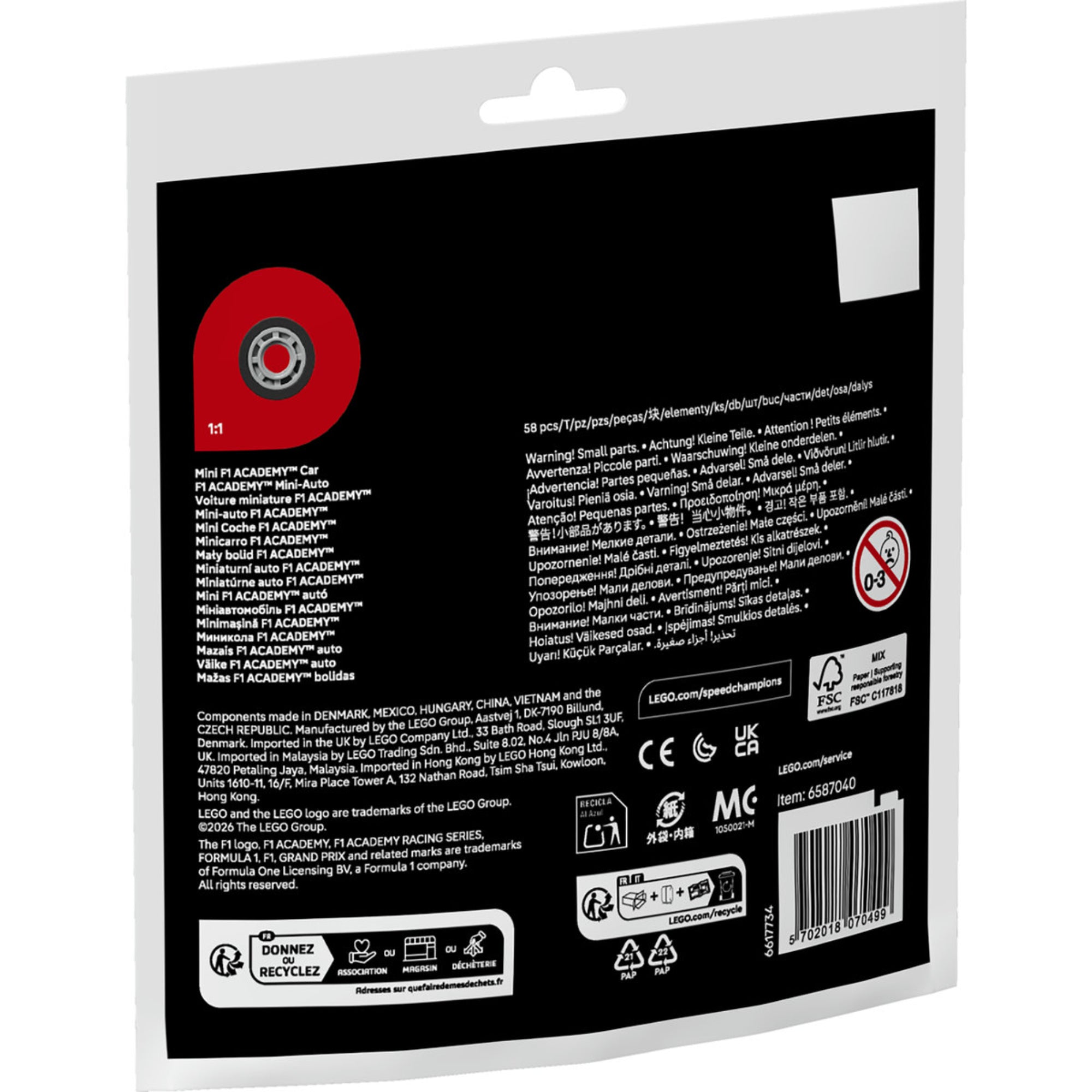 LEGO Speed Champions Mini F1 ACADEMY Car 30734 polybag csomagolás hátoldala a termékinformációkkal és biztonsági jelölésekkel.