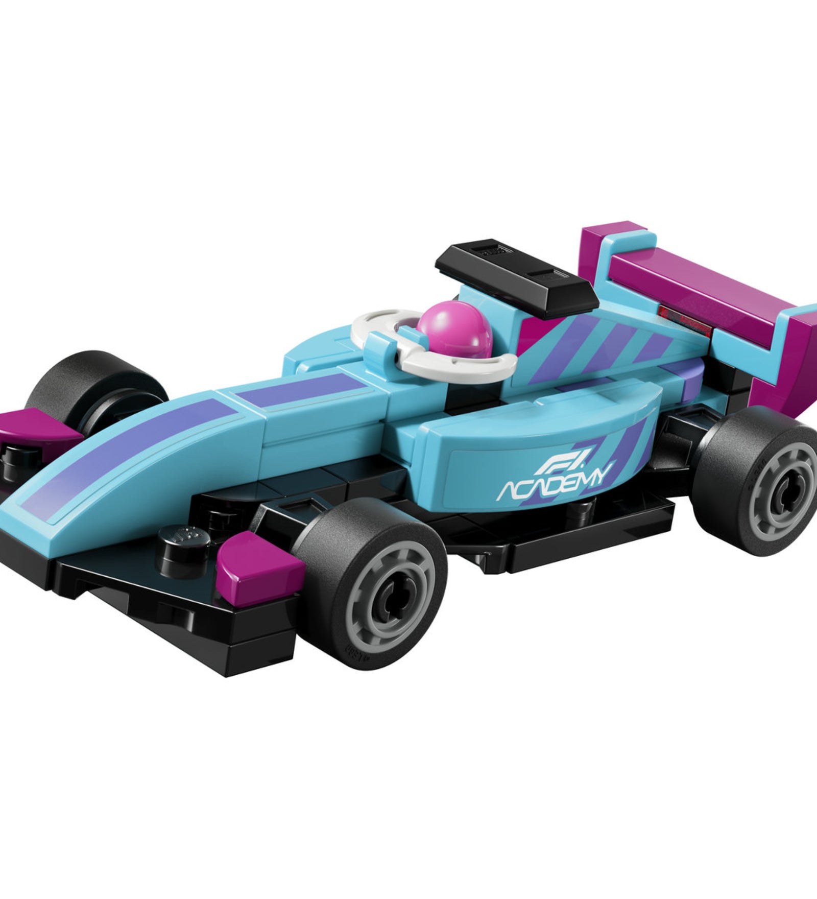 LEGO Speed Champions Mini F1 ACADEMY Car 30734 megépített mini Formula–1 versenyautó világoskék és lila színekben.