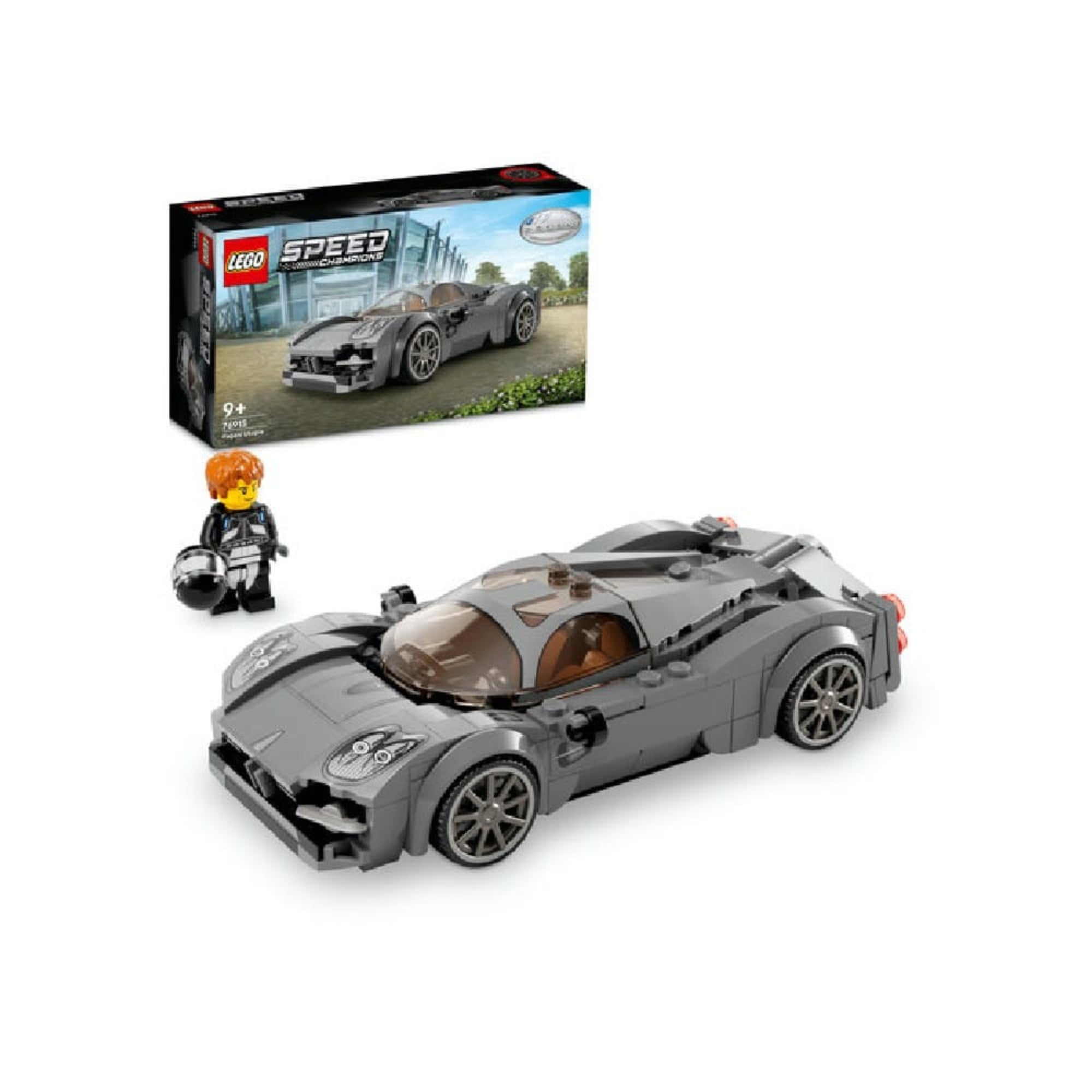 LEGO Speed Champions Pagani Utopia (76915) doboza és az előtte elhelyezett összerakott autó minifigurával, klasszikus Speed Champions prezentációs stílusban, világos háttérrel.