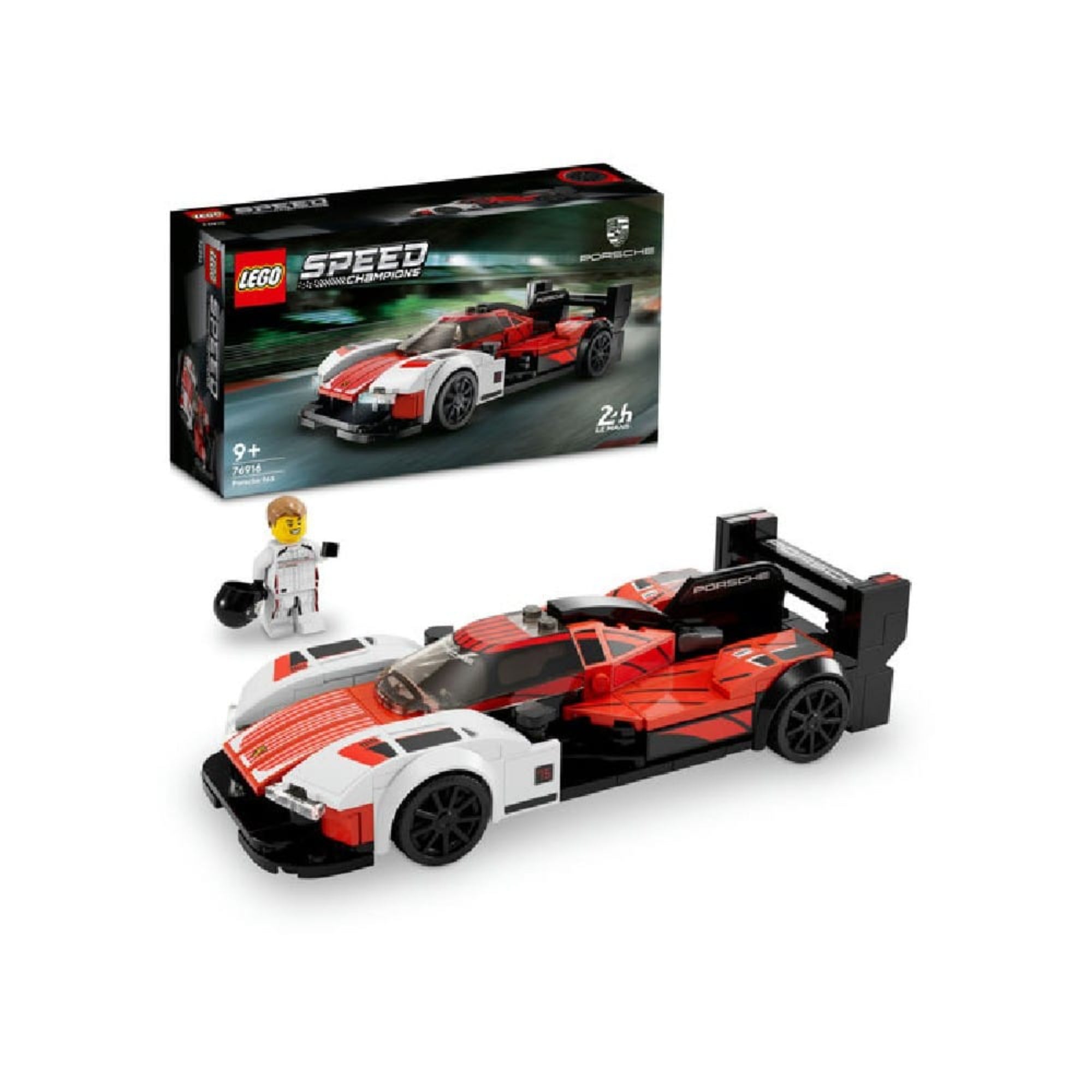 A Porsche 963 építőkészlet doboza és a megépített versenyautó egy képen, jól látható a készlet összhatása és a minifigura.