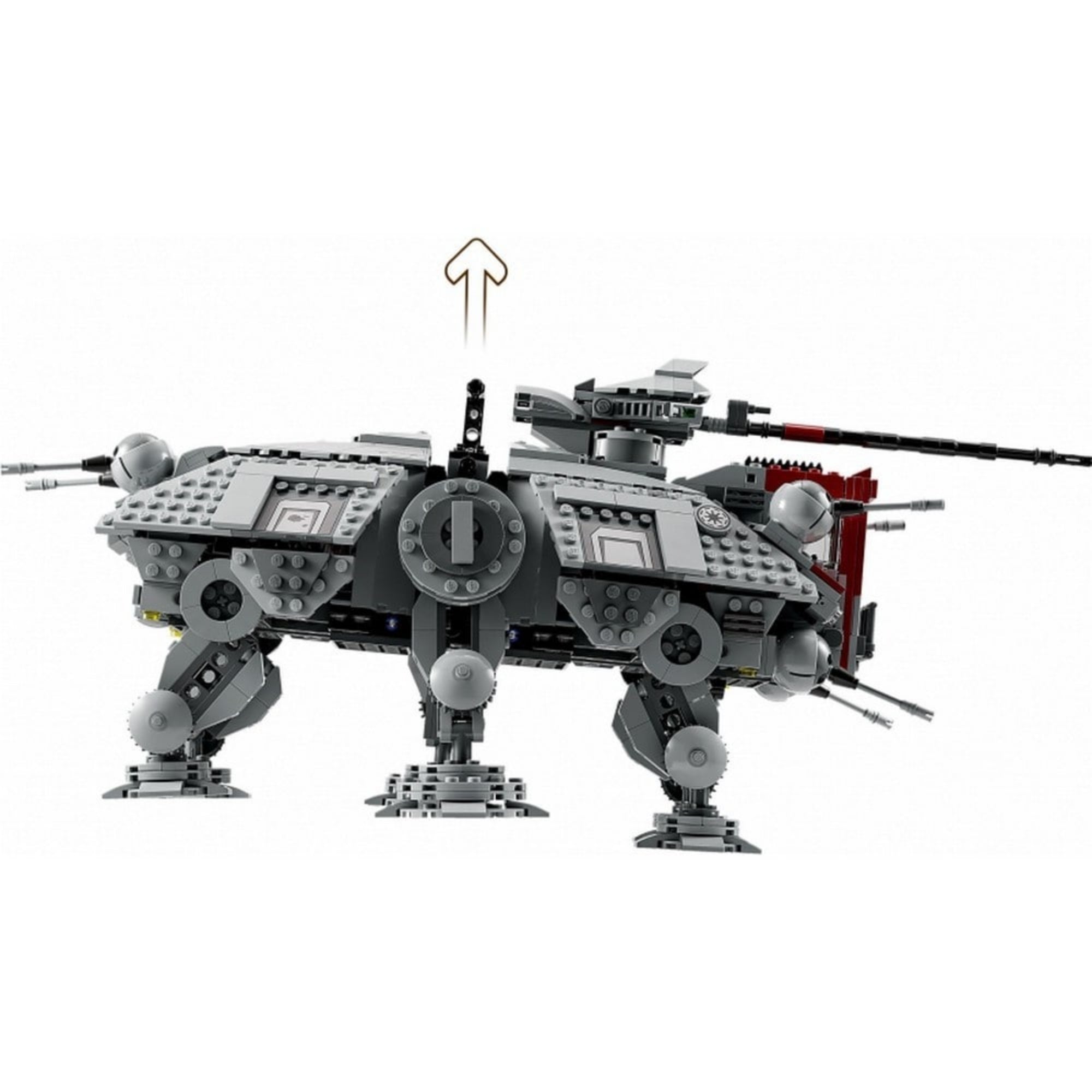 Oldalnézetből készült fotó a LEGO Star Wars AT-TE lépegetőről (75337), amelyen jól láthatók a mozgatható lábak, tetőágyú és a részletes páncélzat.