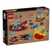 LEGO Star Wars A Crimson Firehawk (75384) készlet dobozának hátoldala – részletes bemutató a szett elemeiről: a Crimson Firehawk űrhajó, minifigurák, piacstand és kiegészítők, valamint két illusztráció a hajó funkcióiról és „Learn to Build” útmutató ikon.