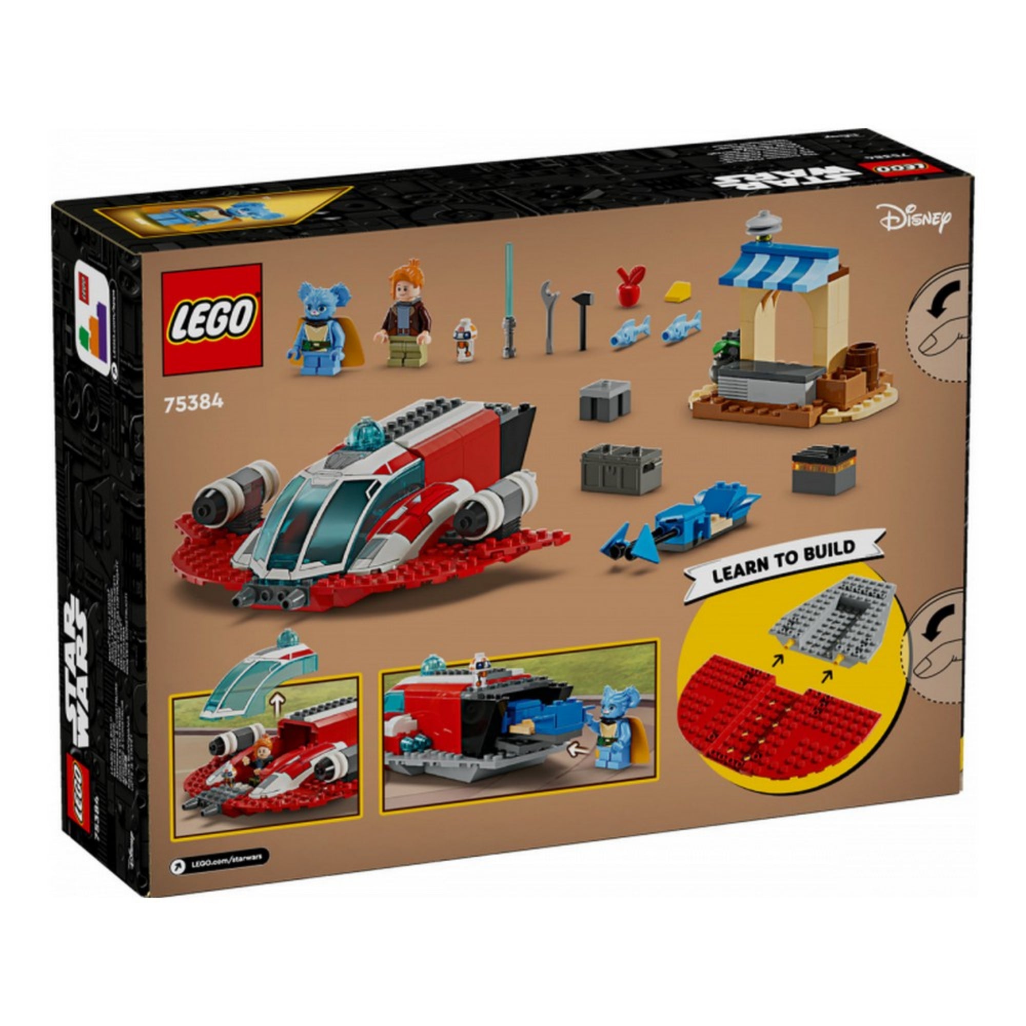 LEGO Star Wars A Crimson Firehawk (75384) készlet dobozának hátoldala – részletes bemutató a szett elemeiről: a Crimson Firehawk űrhajó, minifigurák, piacstand és kiegészítők, valamint két illusztráció a hajó funkcióiról és „Learn to Build” útmutató ikon.
