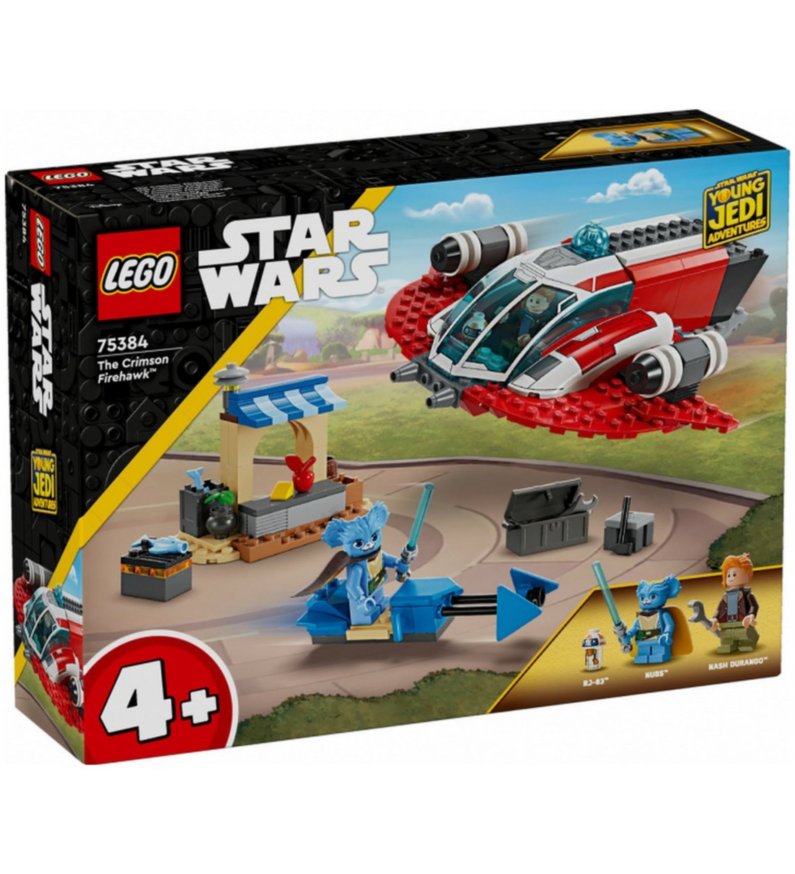 LEGO Star Wars A Crimson Firehawk (75384) szett dobozának előlapja – rajta az űrhajó repülés közben, a kék jedi figura, egy barna hajú férfi és a droid RJ-83, a „Young Jedi Adventures” logóval és 4+ korosztályi ajánlással.