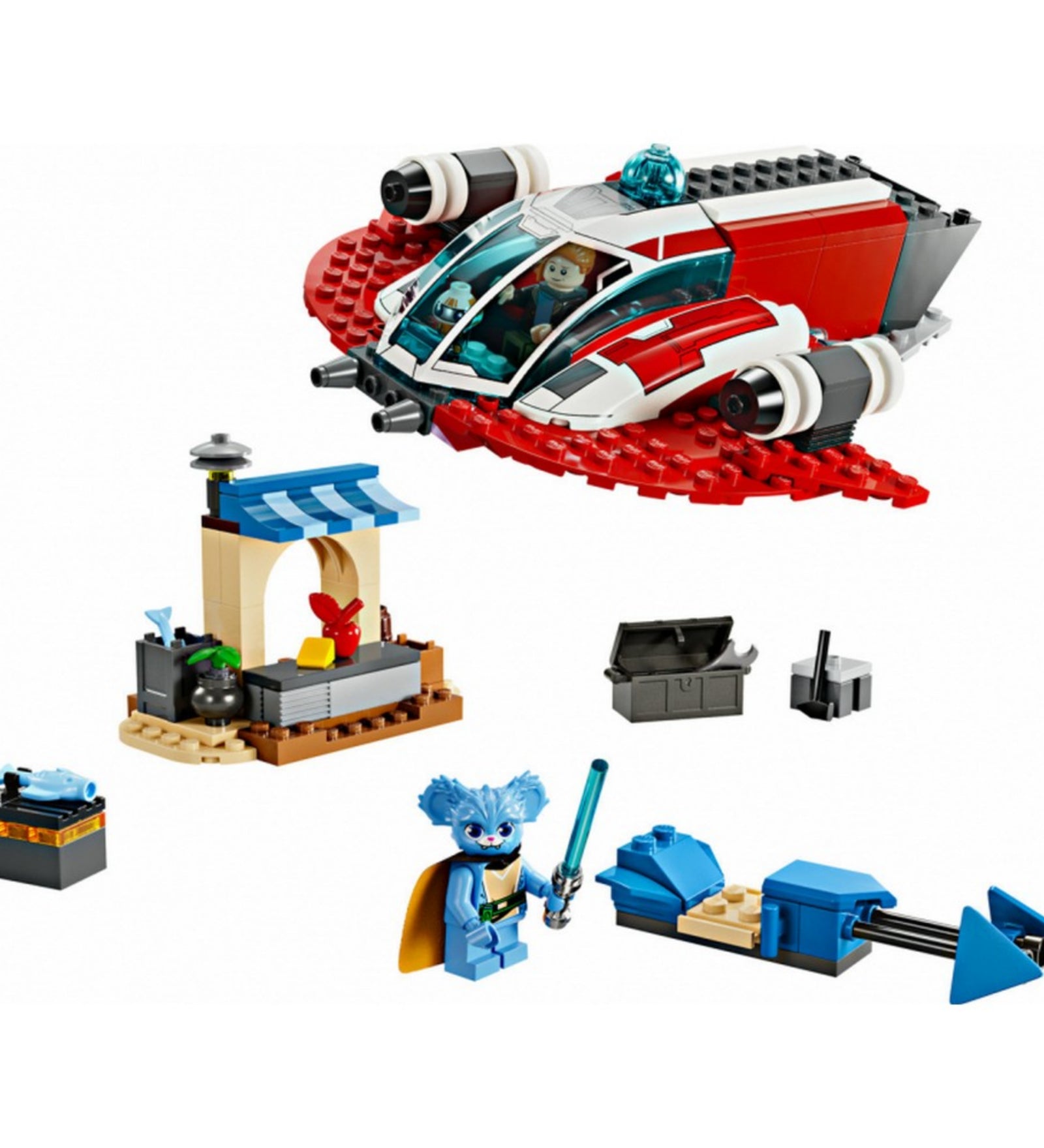 LEGO Star Wars A Crimson Firehawk (75384) készlet összerakott elemei – egy piros-fehér űrhajó transzparens kék pilótafülkével, egy kék bőrű jedi figura világoskék fénykarddal, egy kis piacstand kék-fehér napellenzővel, valamint különböző kiegészítők, ládák és egy mini repülő egység.