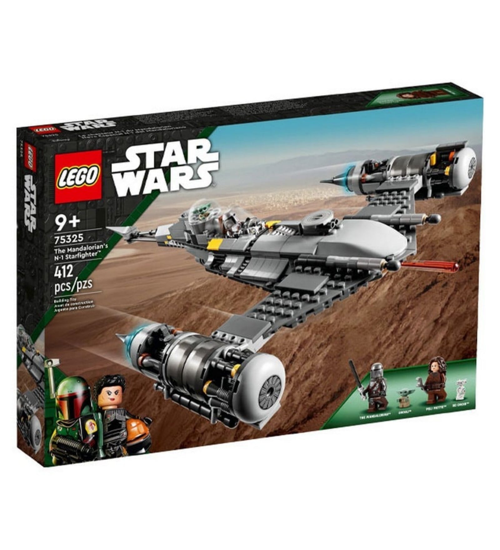 A LEGO Star Wars A Mandalóri N-1 vadászgépe (75325) színes doboza, amelyen a készlet űrhajója repülés közben látható, a jobb alsó sarokban a minifigurák felsorolásával.