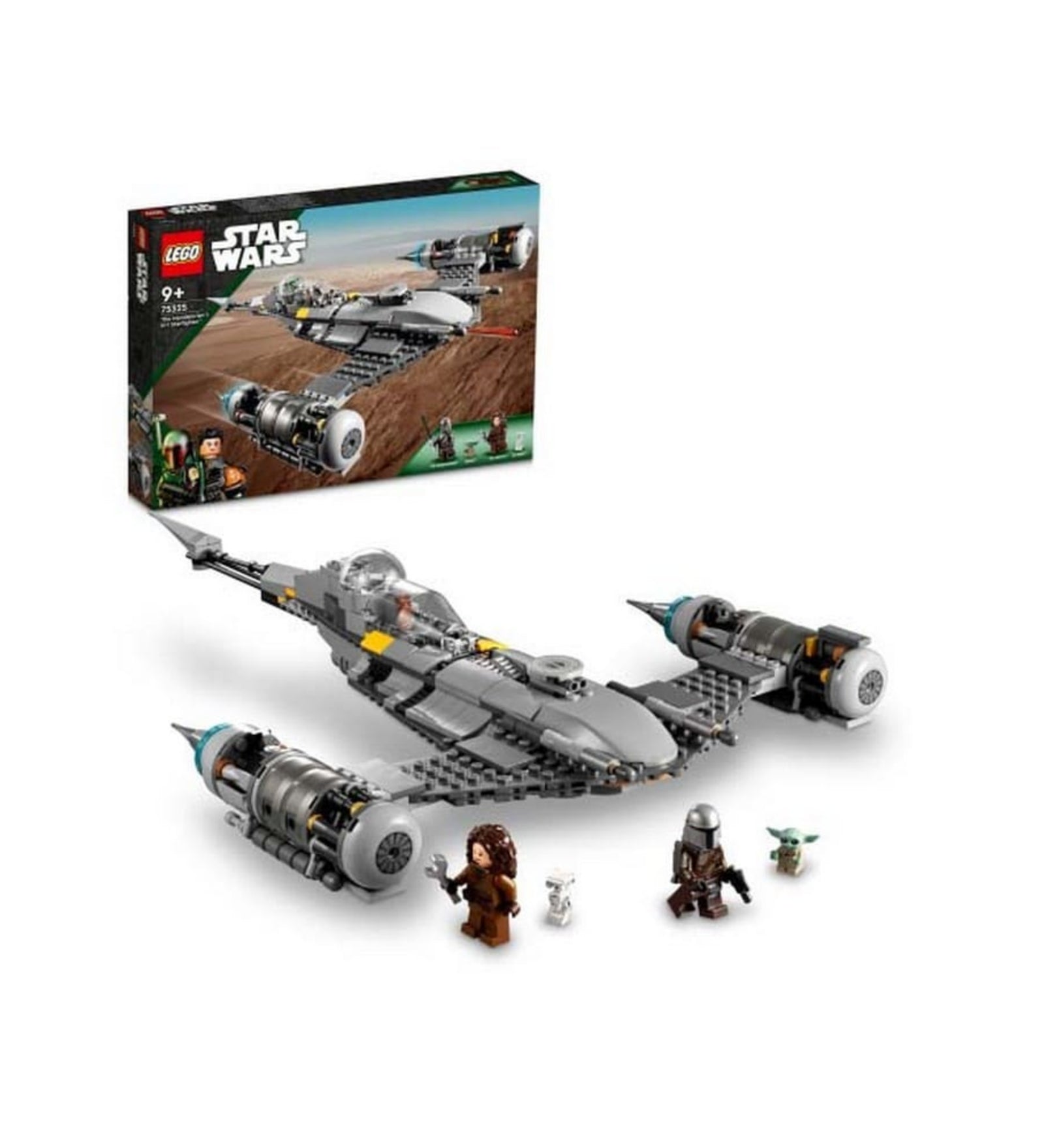 A LEGO Star Wars A Mandalóri N-1 vadászgépe (75325) doboza és az előtte kiállított, összeépített űrhajó, körülötte a négy mellékelt figura.