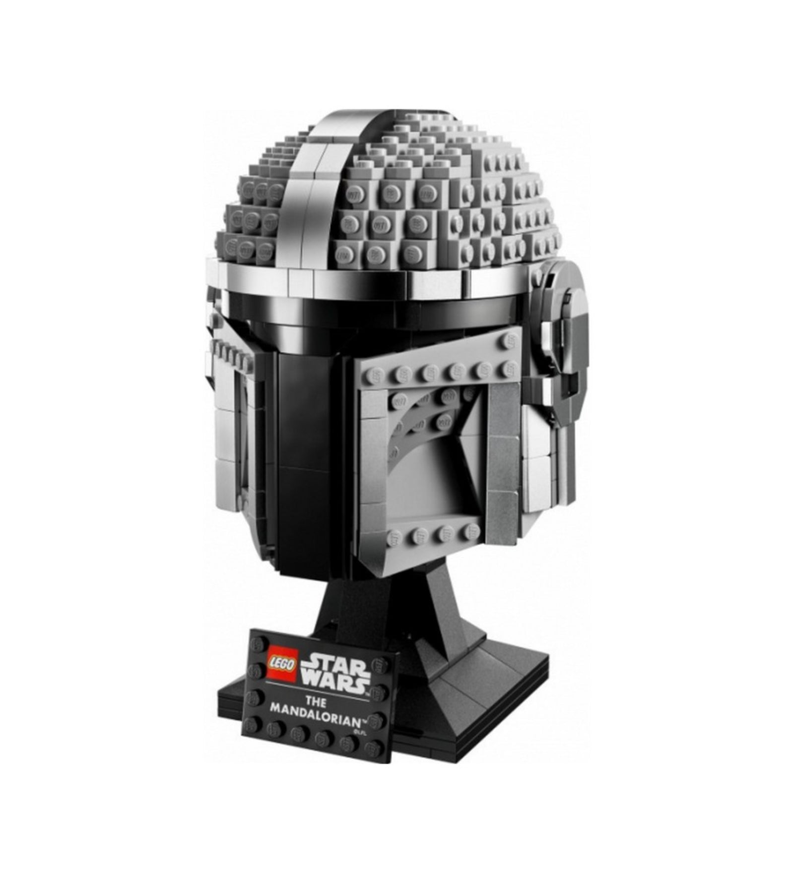 LEGO Star Wars A Mandalóri sisak (75328) összeépített modellje fekete és ezüst színekben, bemutatótáblával és talapzattal.