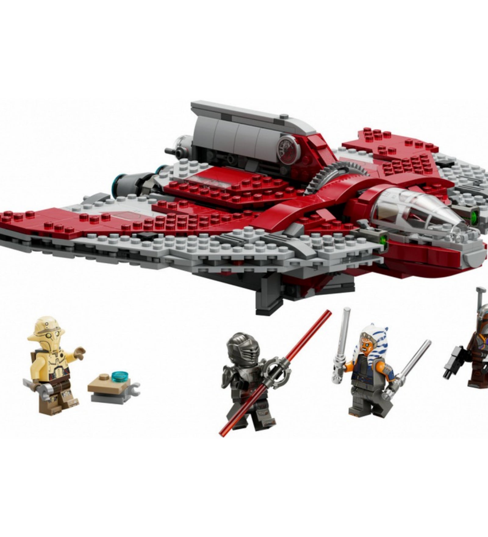 A LEGO Star Wars Ahsoka Tano T-6 jedi shuttle-ja (75362) teljes készlet, amelyen a vörös-szürke színű űrhajó, valamint Ahsoka Tano, Sabine Wren, Professor Huyang és Marrok LEGO minifigurák láthatók, a karakterek fegyverekkel és kiegészítőkkel felszerelve.