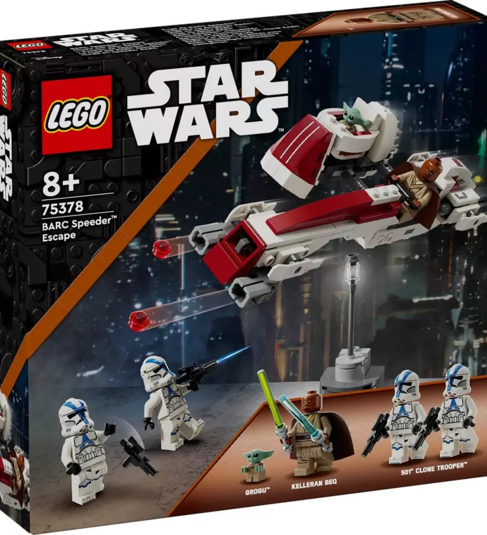 Dobozos LEGO Star Wars BARC Speeder menekülés (75378) készlet, előtérben a Grogu figurát szállító speeder motorral, valamint a csomagban található minifigurákkal: Grogu, Kelleran Beq és két 501-es klónkatona.