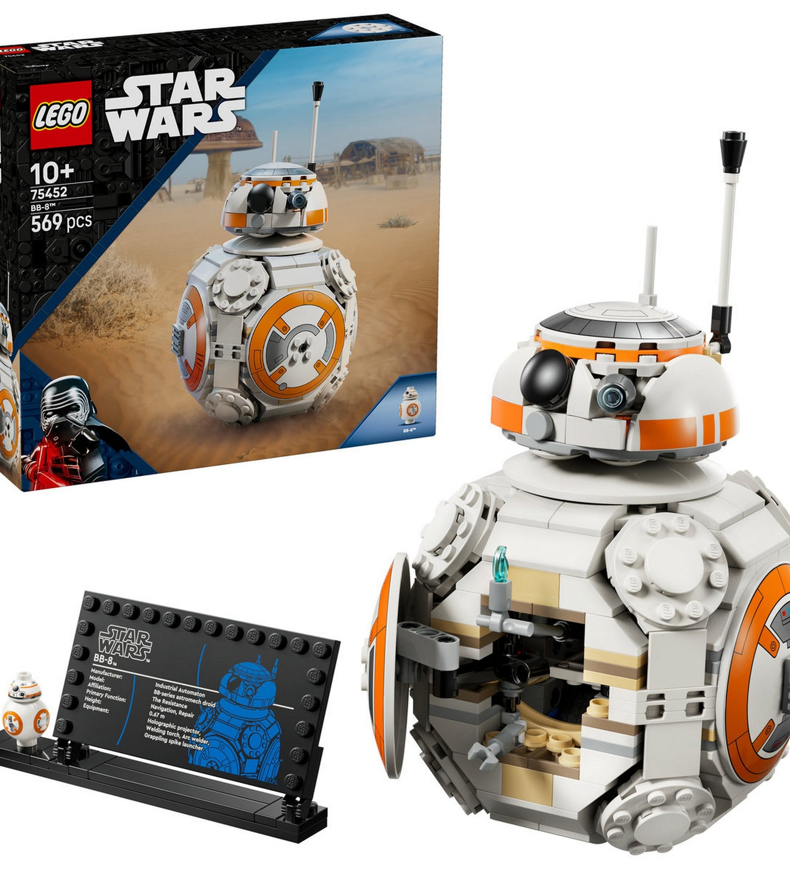 LEGO Star Wars BB-8 (75452) – A megépített BB-8 LEGO droid nyitott belső résszel és információs táblával.